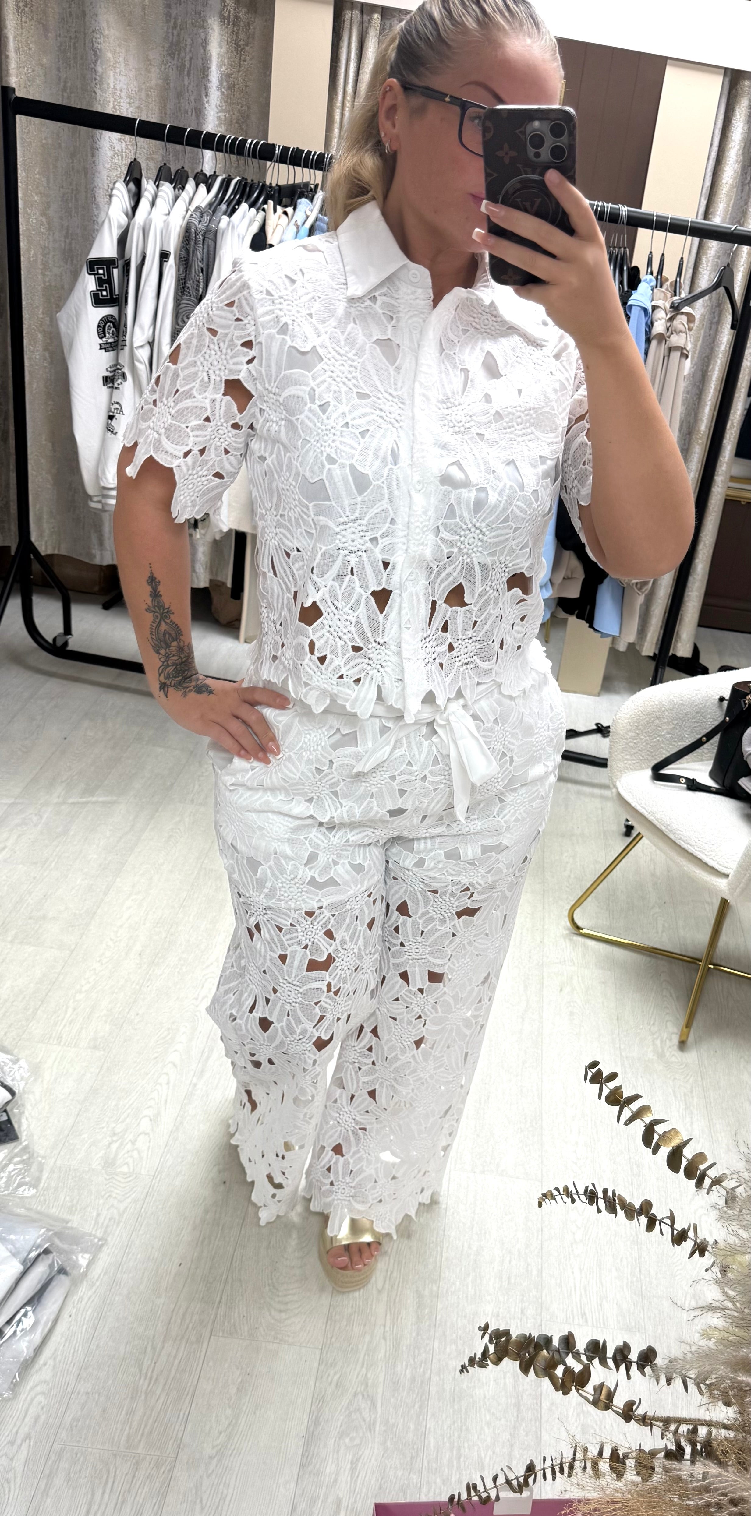 LUXE Lace Crochet Shirt & Bow Belted Trousers Co Ord