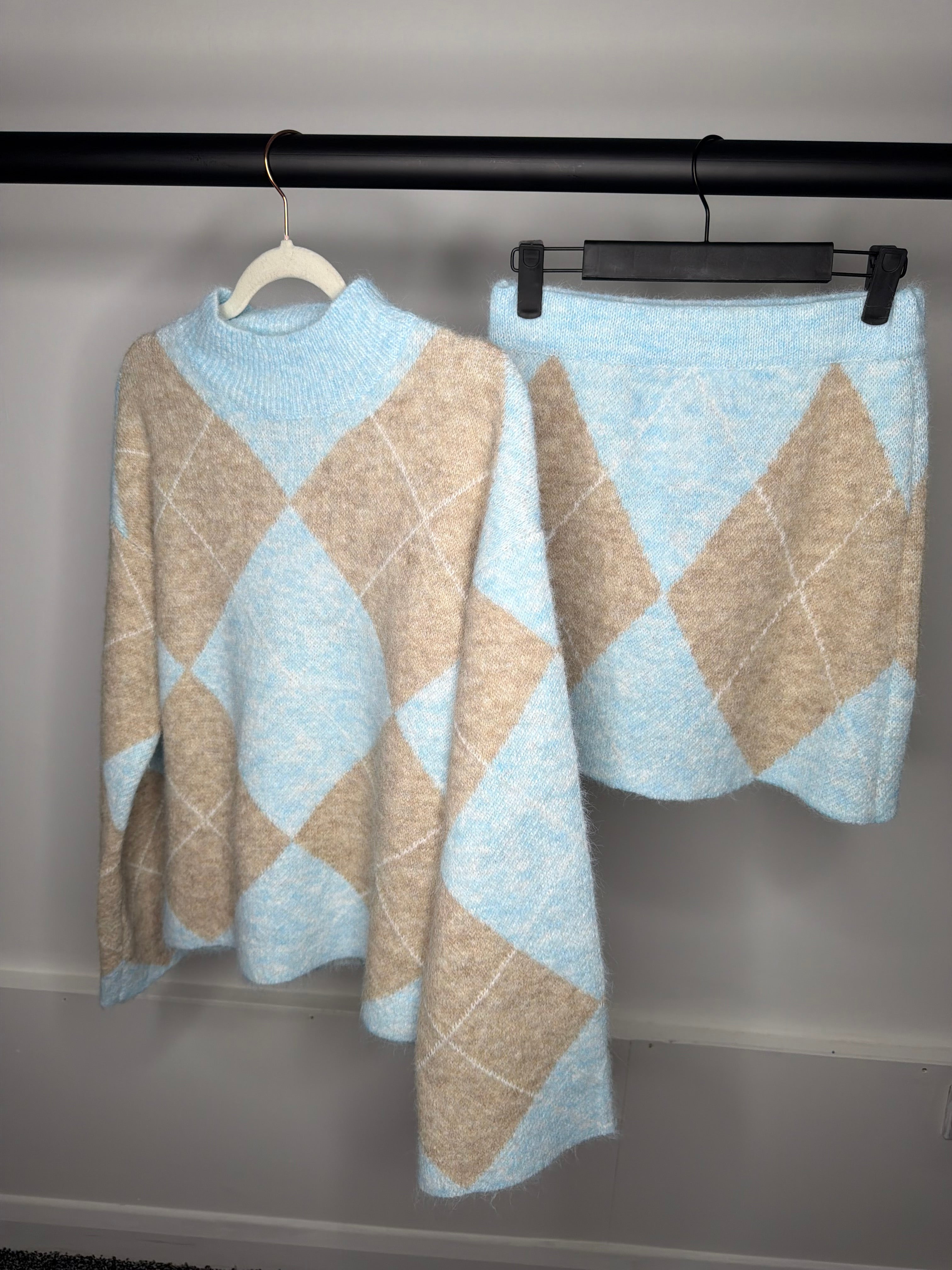 Diamond Check Pastel Soft Knit Jumper & Skirt Co Ord