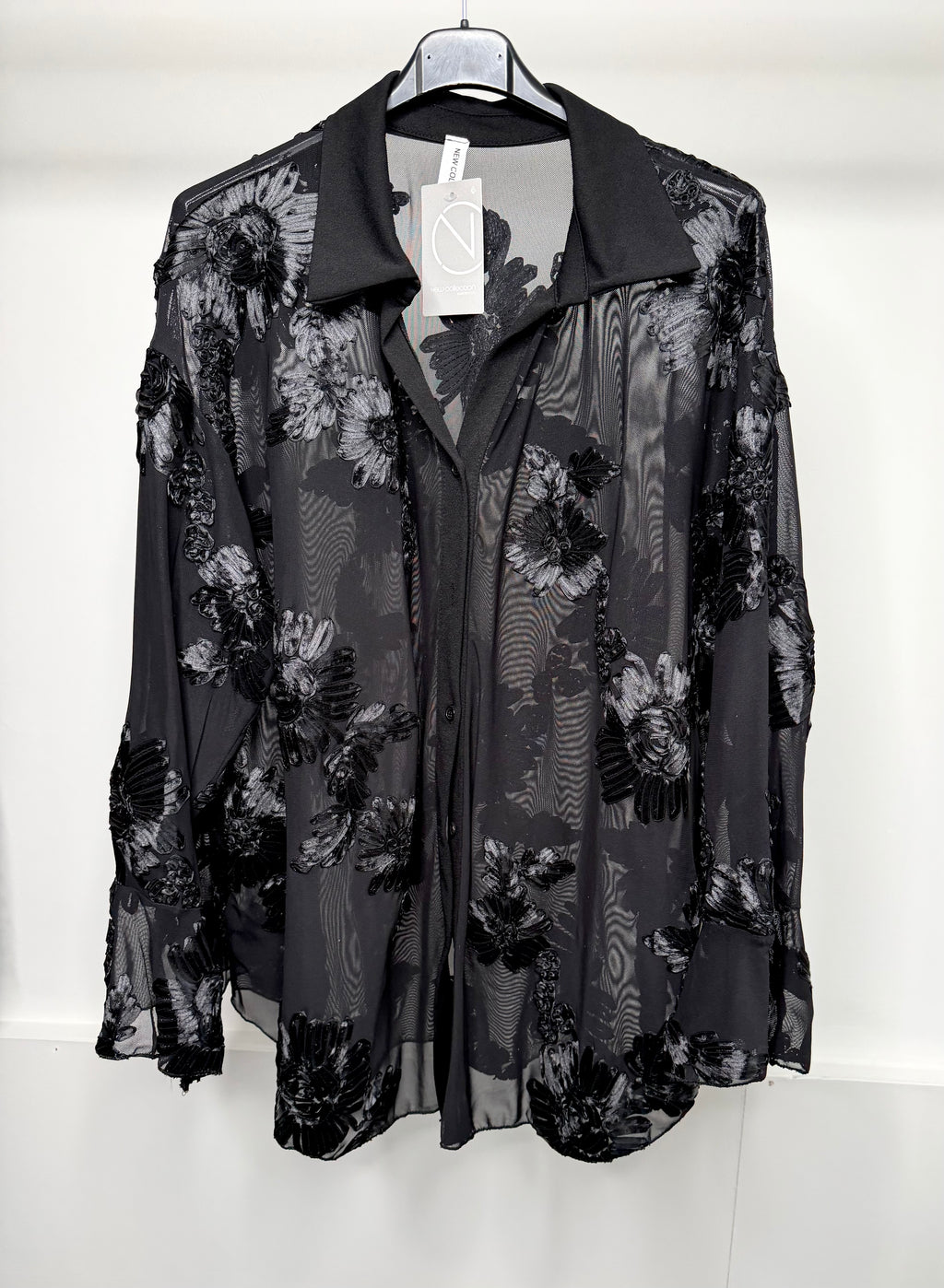 PLUS SIZE - Flower Embroidered Mesh Shirt with Bell Sleeve Detail