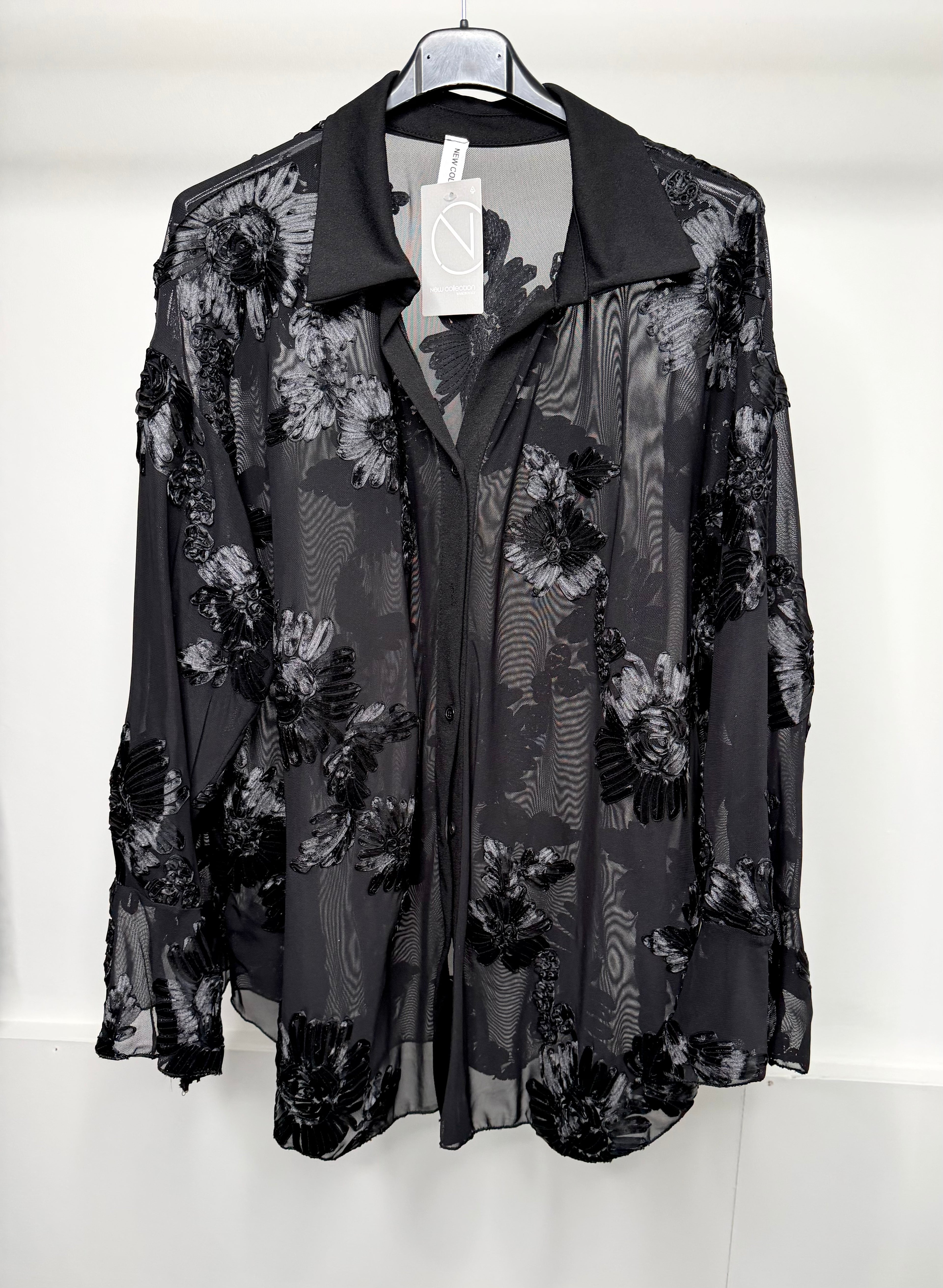 PLUS SIZE - Flower Embroidered Mesh Shirt with Bell Sleeve Detail