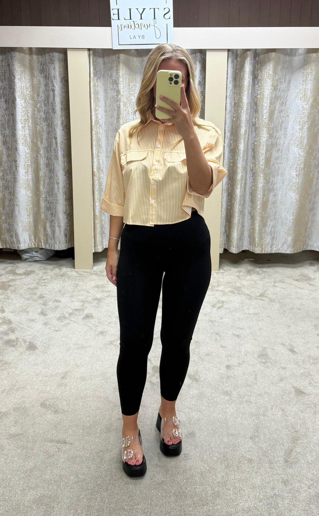 Lemon Pinstripe Cropped Oversized Shirt