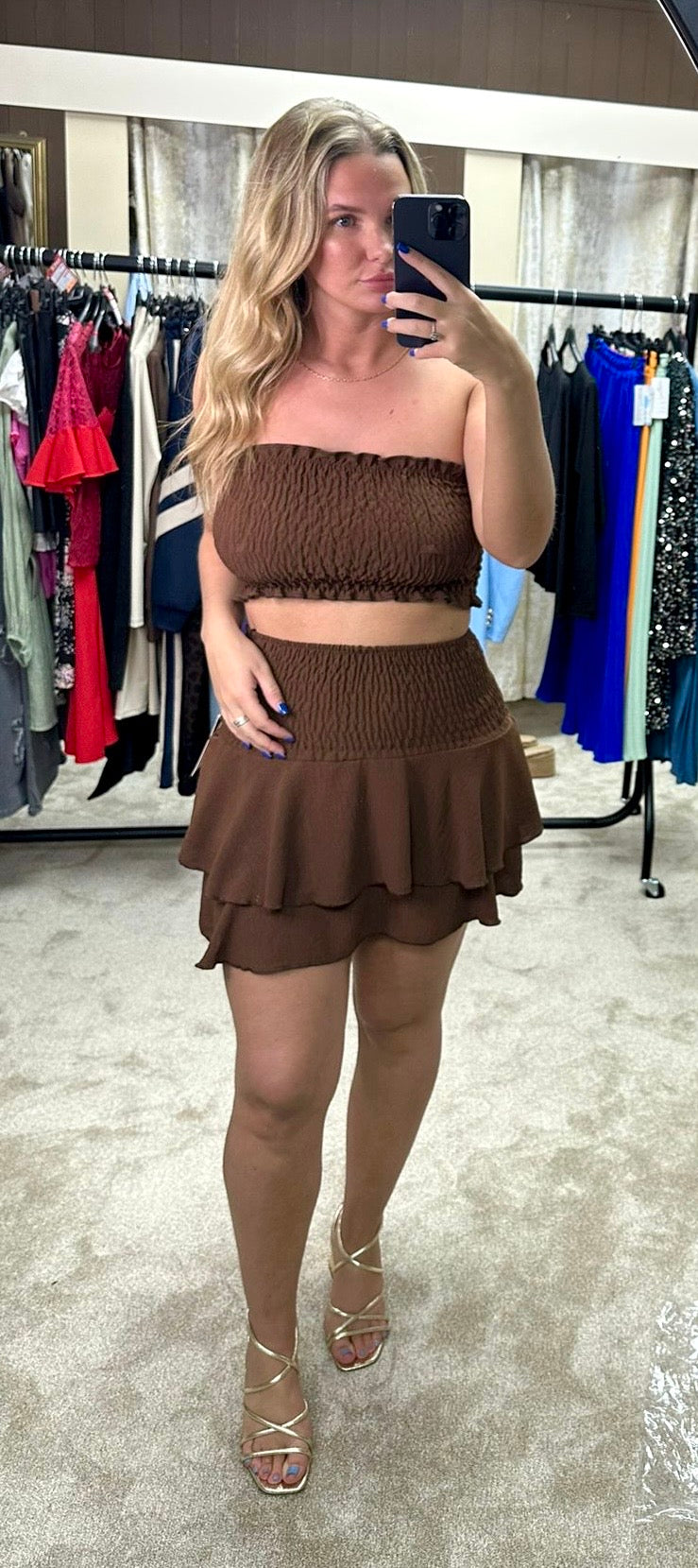 Elasticated Stretchy Bandeau Top & High Waisted Ruffle Skirt Co Ord