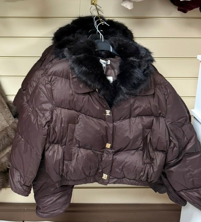 Brown Puffer Jacket with Faux Fur & Gold Button Detail