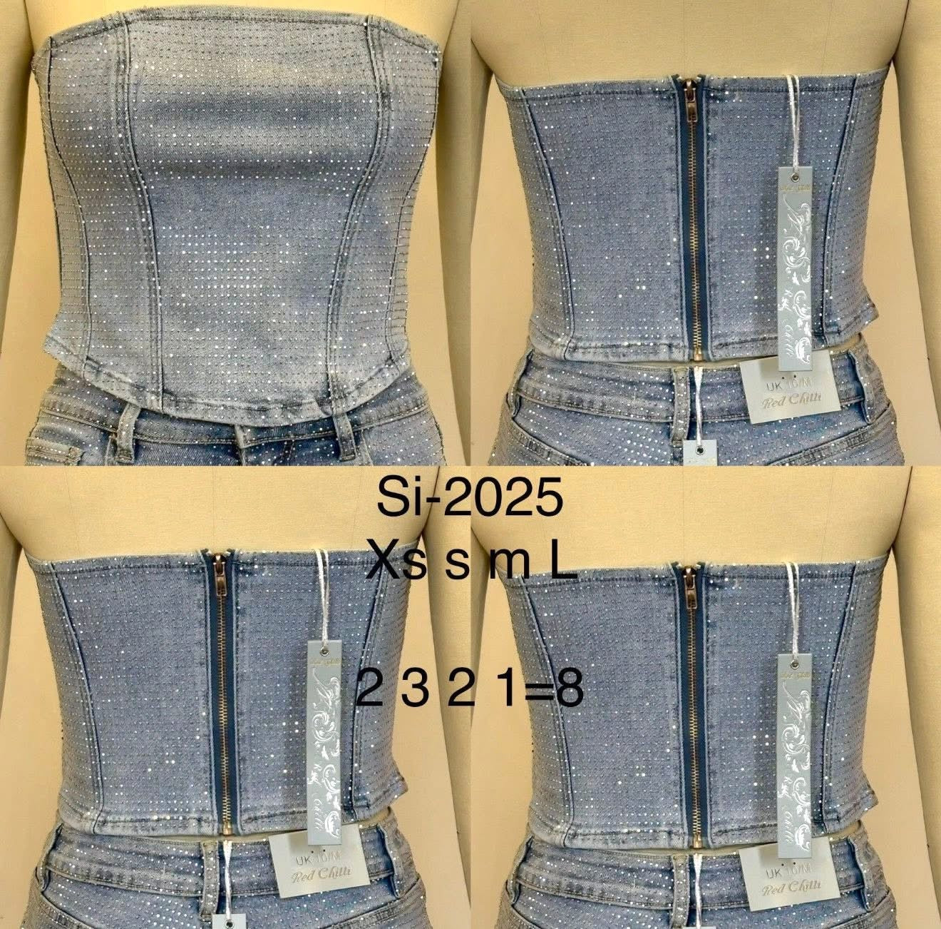 Diamanté Stretchy Denim Zip Up Corset Top
