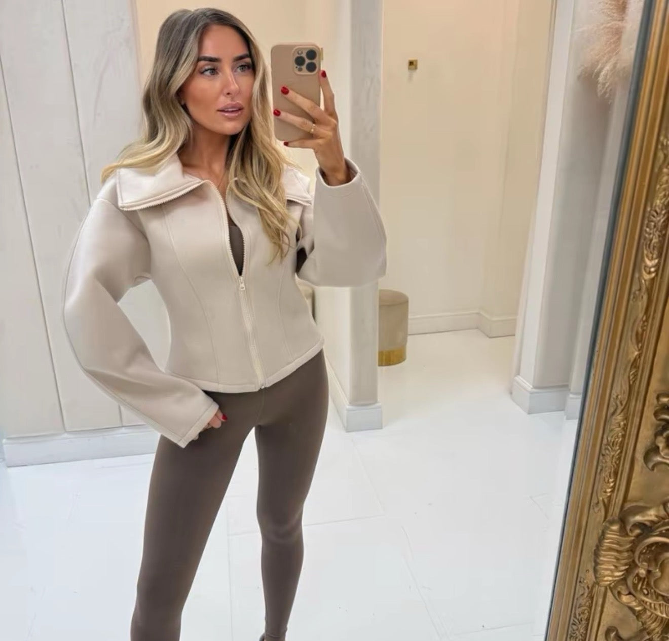 Z Inspired Waist Cinching Scuba Zip Up Jacket