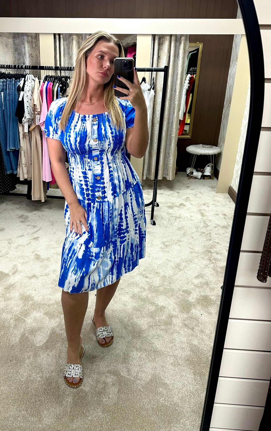 Tie Dye Elasticated Waist Cinching Tiered Dress