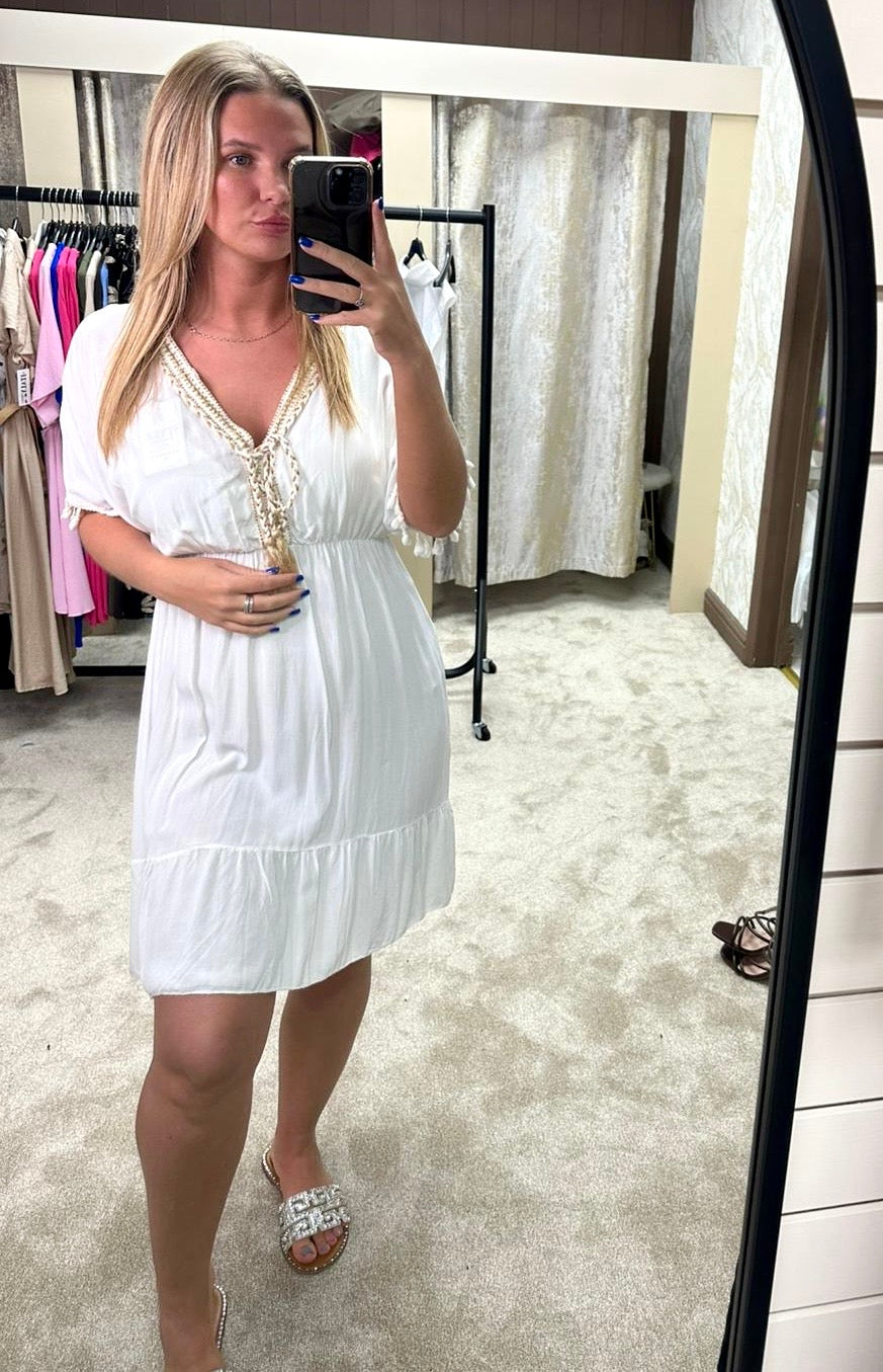 Tassel Detail V Neck Elasticated Waist Smock Dress