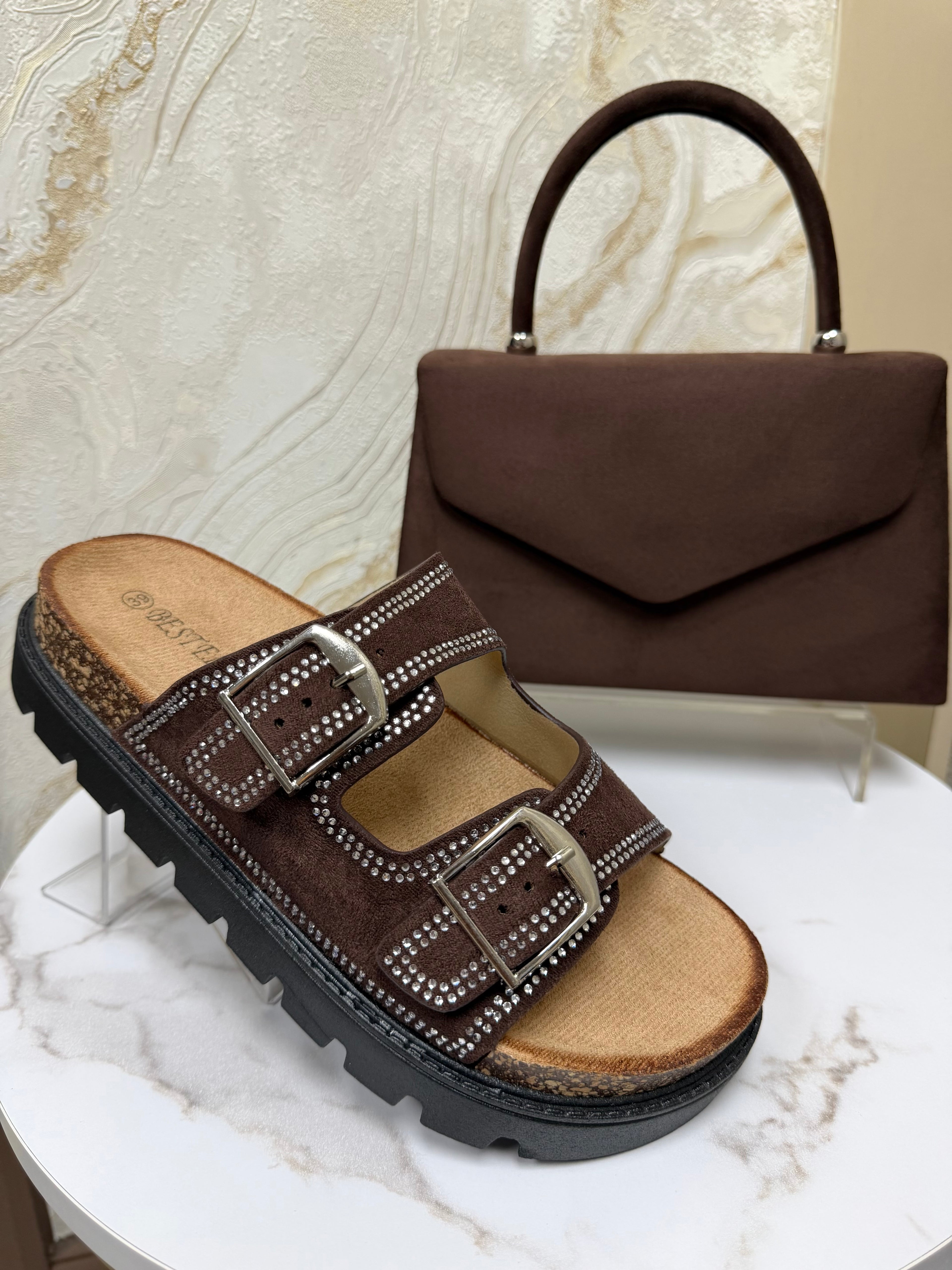 Top Handle Suede Envelope Bag - Chocolate Brown