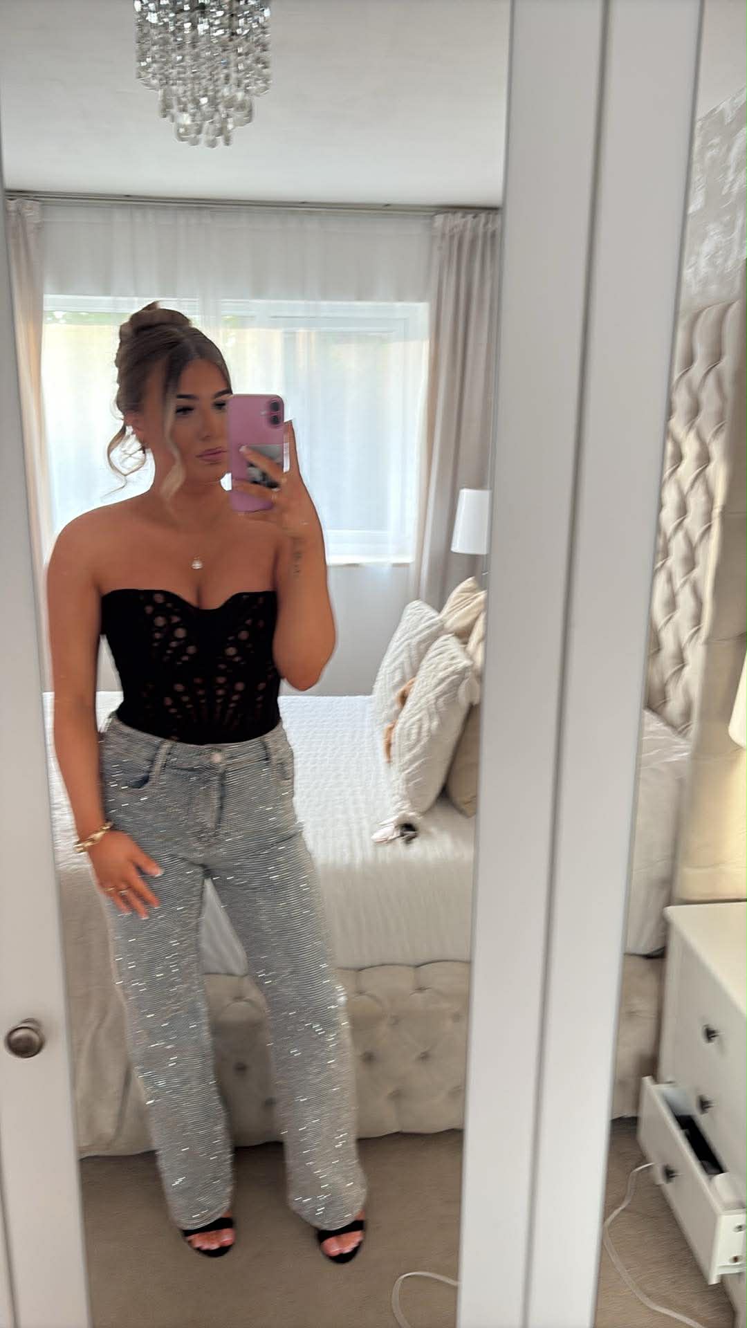 Diamanté Denim Wide Leg High Waisted Stretchy Jeans - Grey