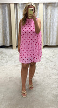 Polka Dot Halter Neck Pleated Dress - Lined Fabric