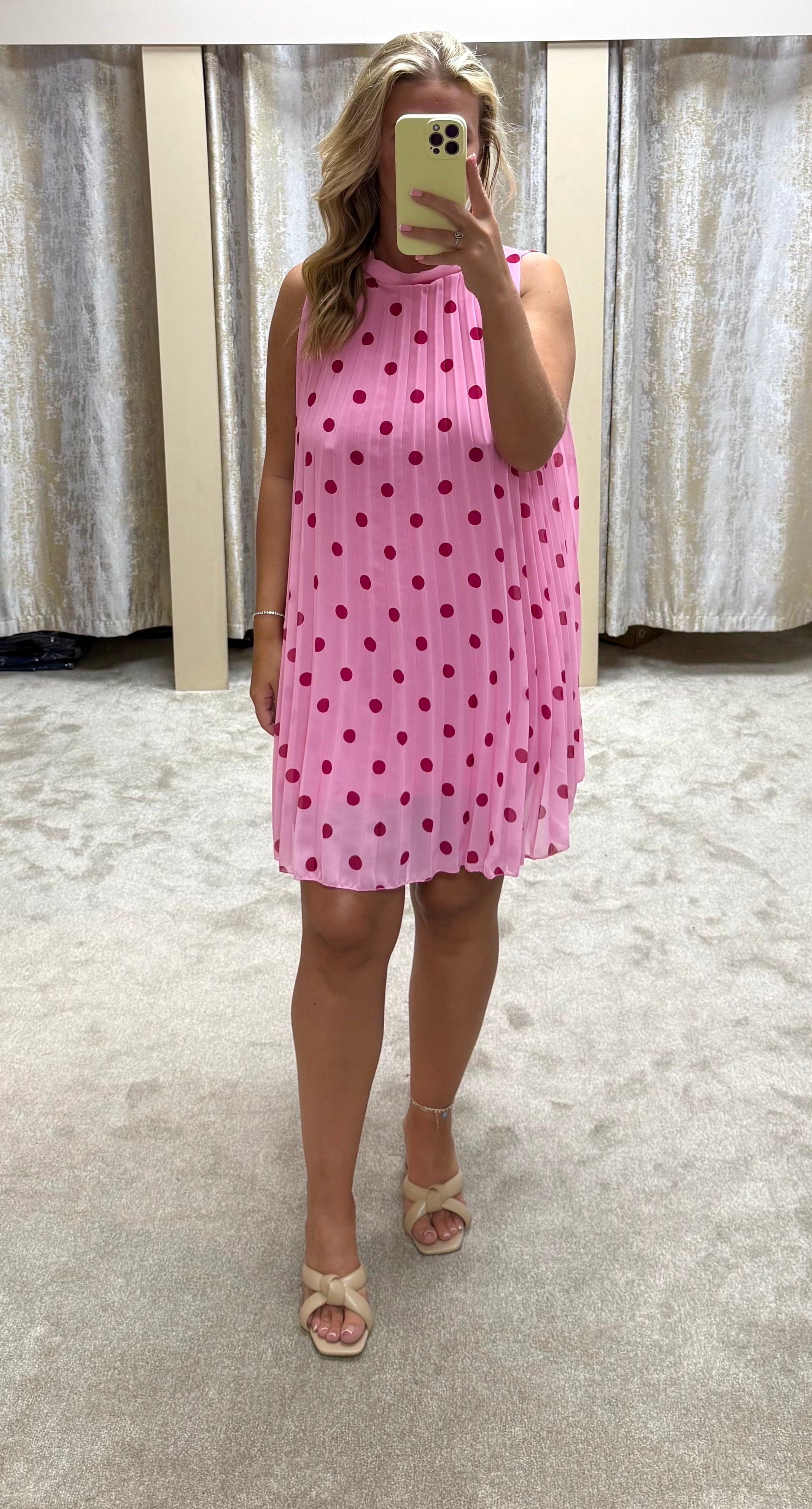 Polka Dot Halter Neck Pleated Dress - Lined Fabric