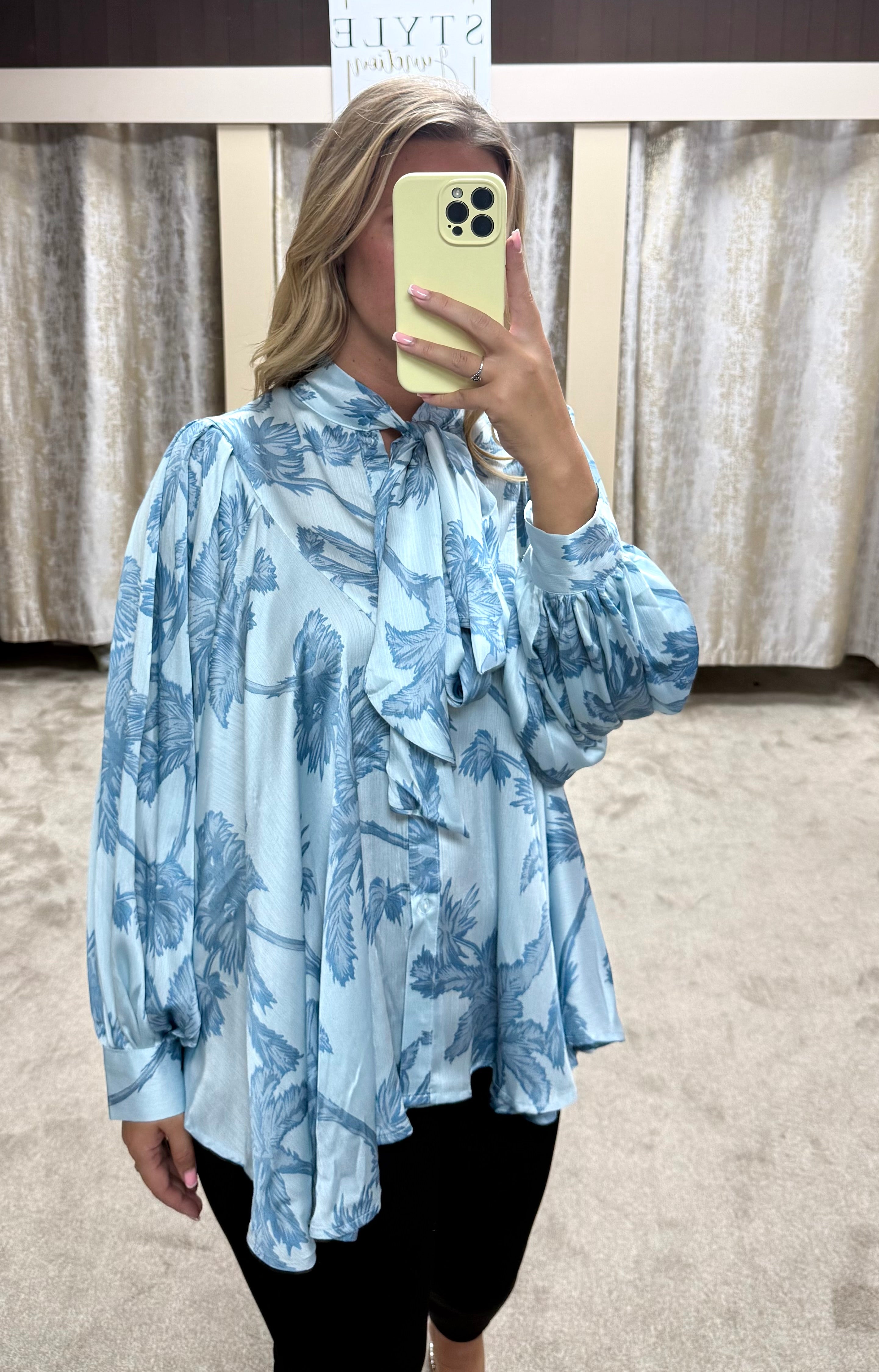 Leaf Print Chiffon Neck Tie Floaty Blouse