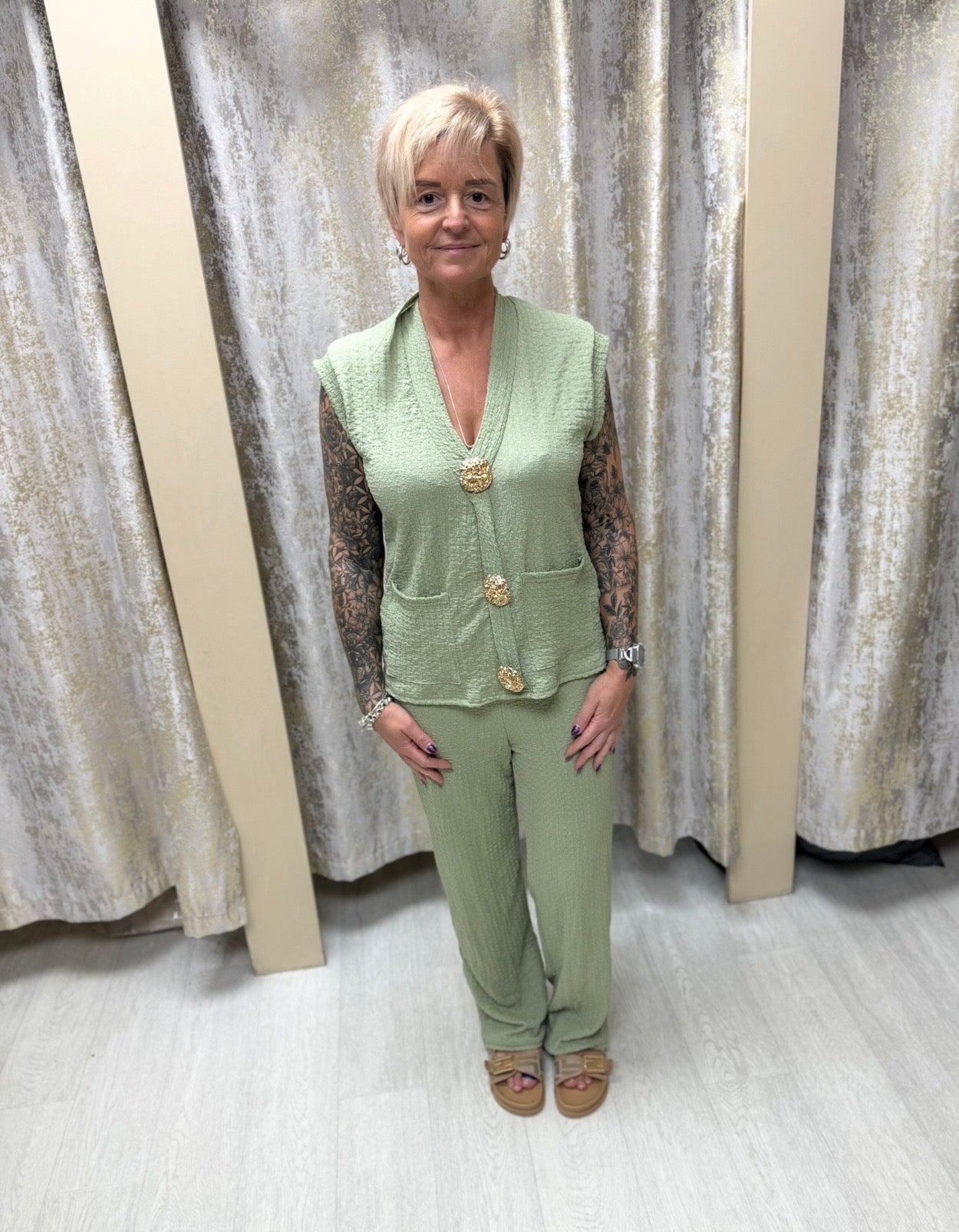 Crinkle Waistcoat & Trouser Co Ord with Gold Button Detailing