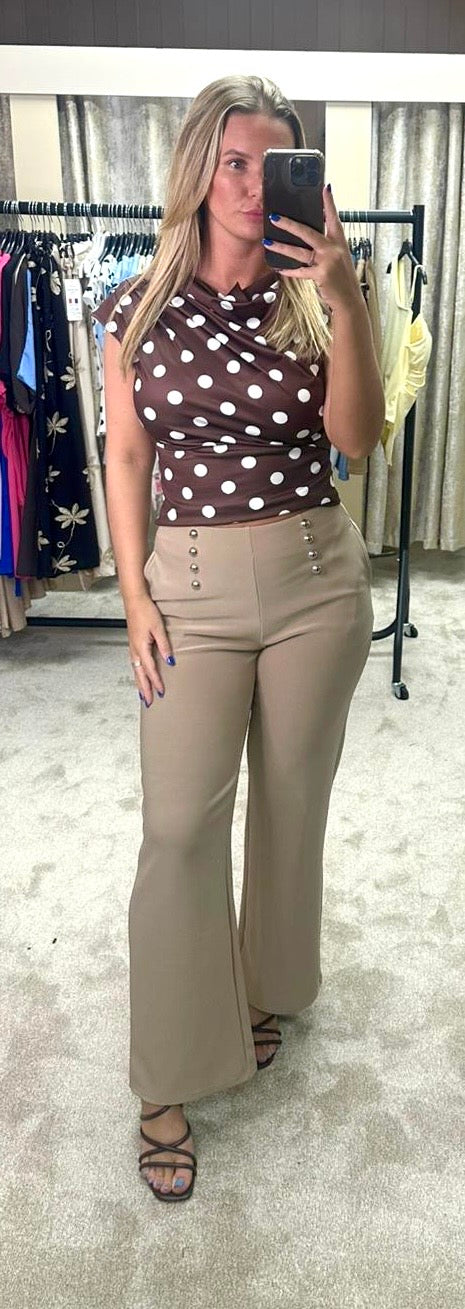 Beige Soft Scuba Formal Trousers With Silver Stud Detail