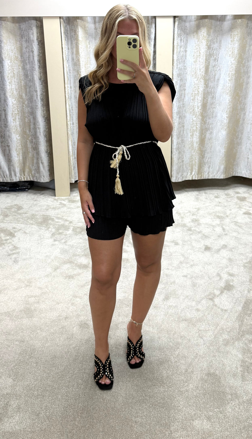 Pleated Shoulder Pad Top With Tie Waist & Short Co Ord
