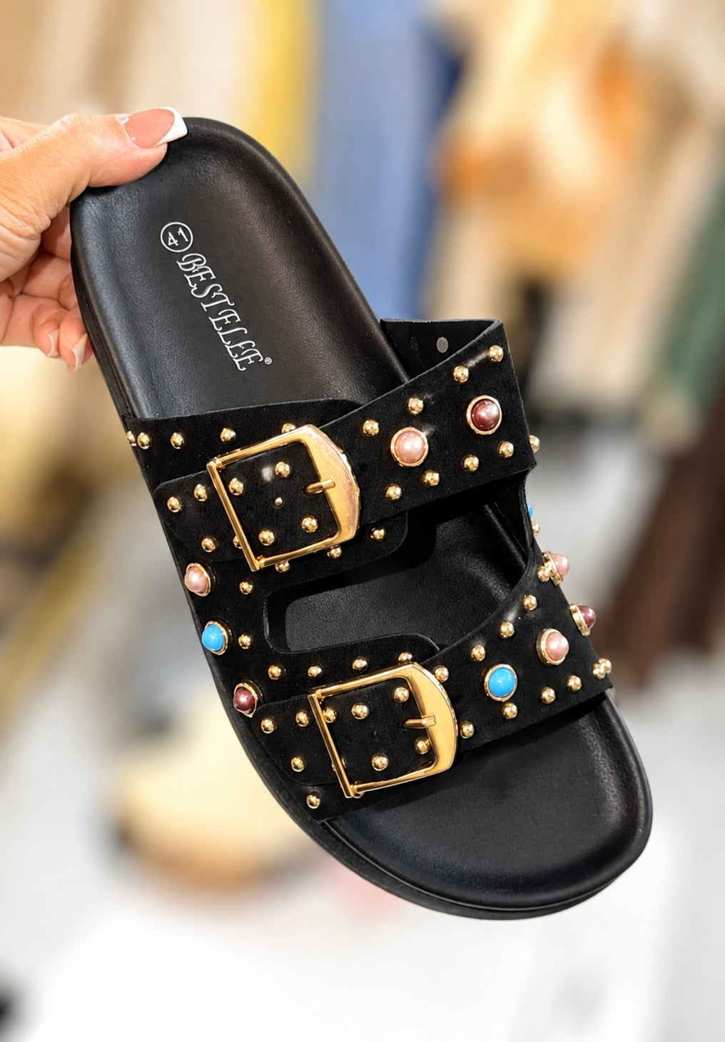 Black Suede & Studded Detail Buckle Sliders