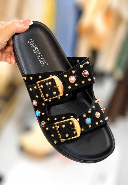 Black Suede & Studded Detail Buckle Sliders