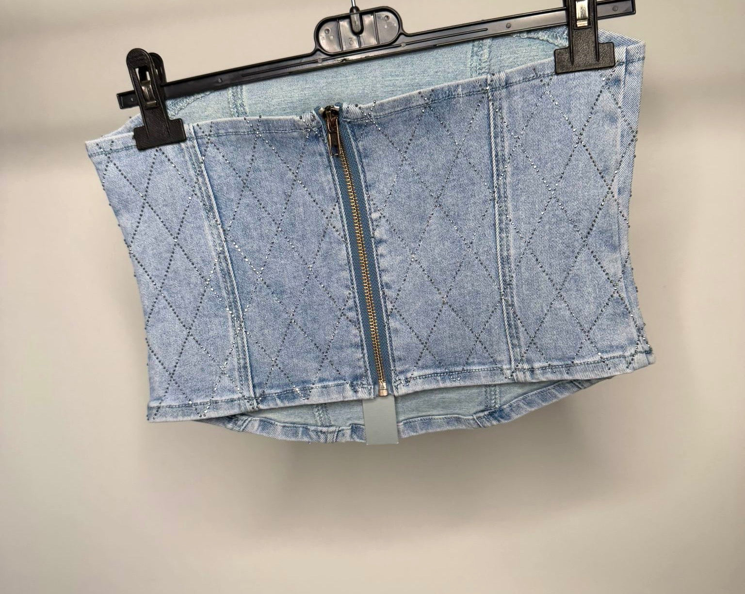 Diamond Detail Diamanté Stretchy Denim Zip Up Corset Top