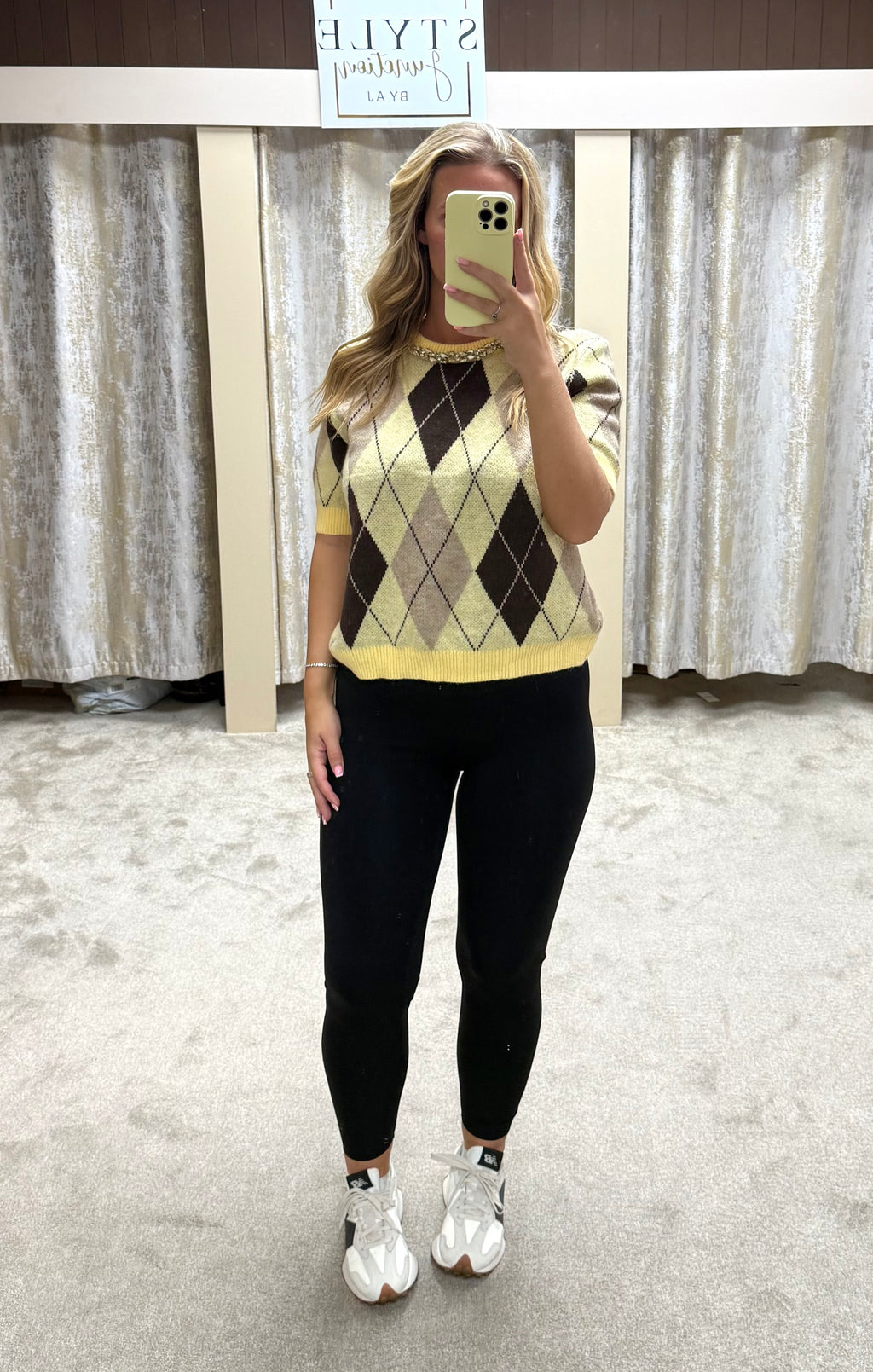 Diamanté Neckline Argyle Short Sleeve Sweatshirt