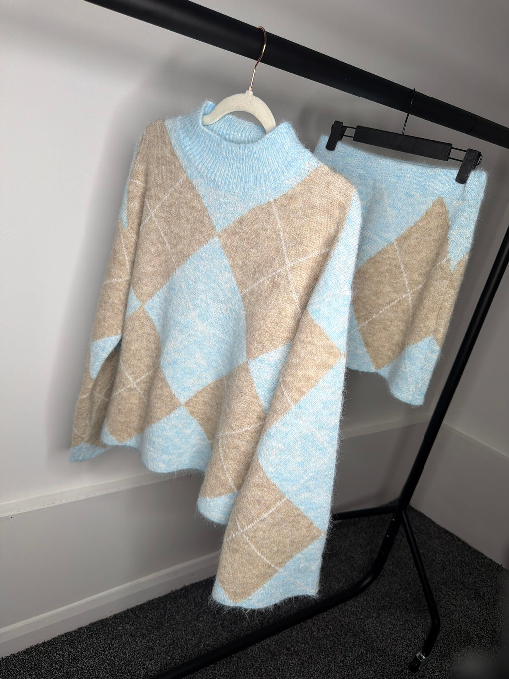 Diamond Check Pastel Soft Knit Jumper & Skirt Co Ord