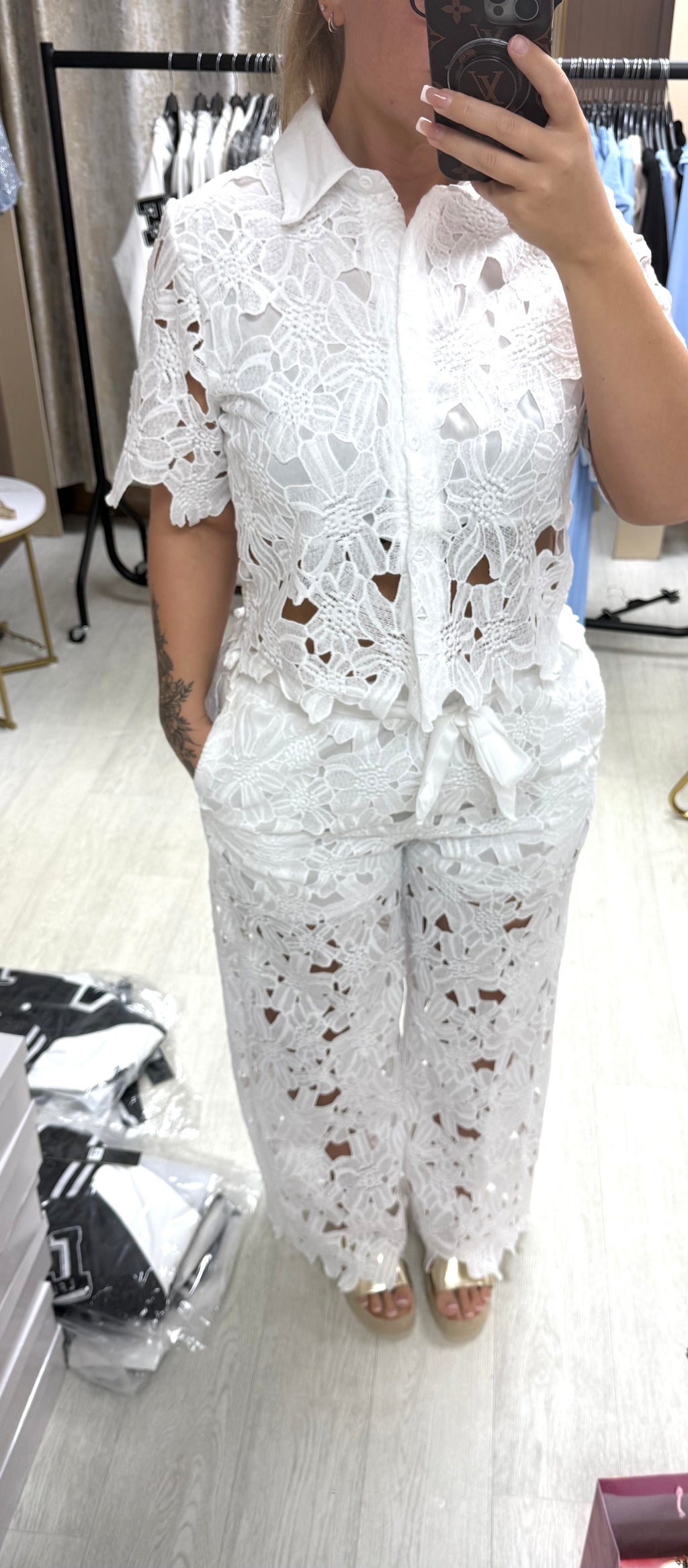 LUXE Lace Crochet Shirt & Bow Belted Trousers Co Ord