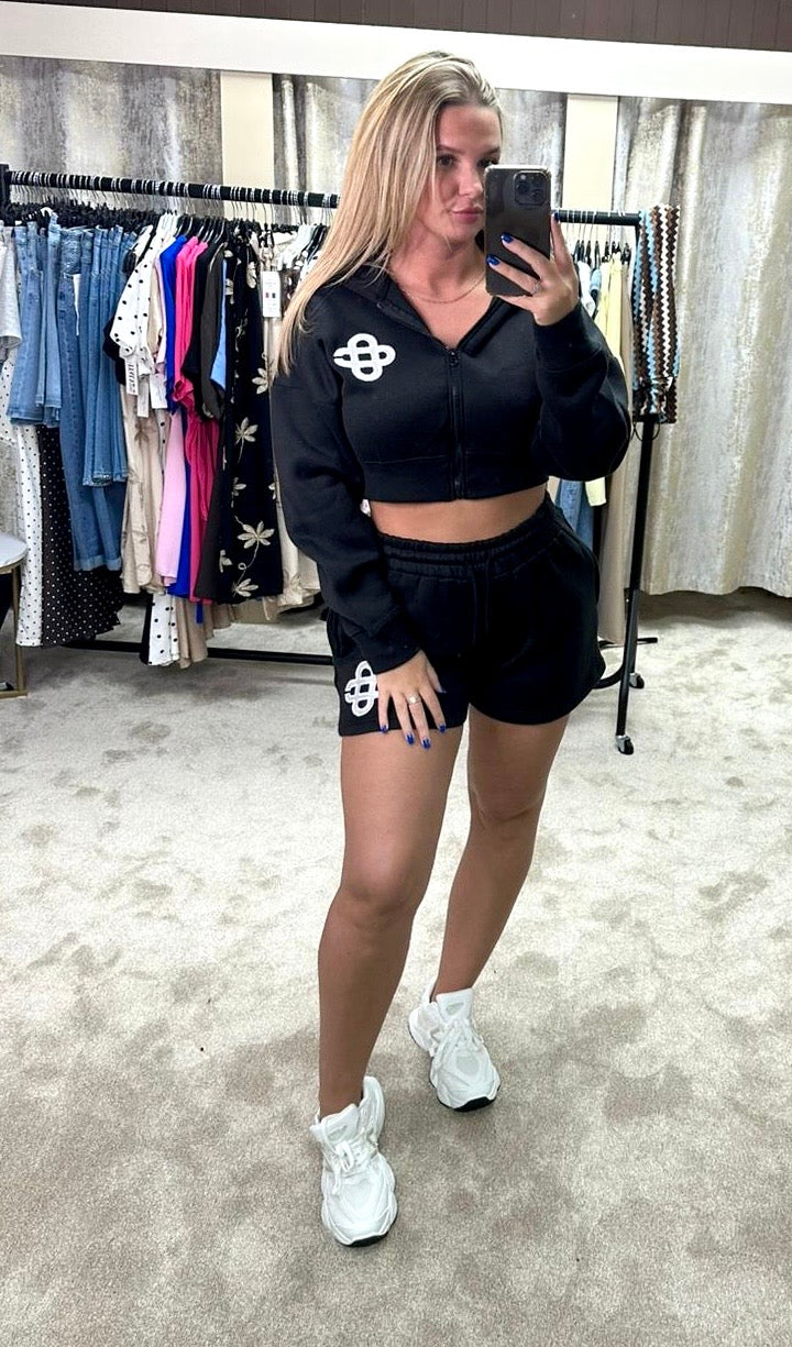 Waist Cinching Zip Up Hoodie & Shorts Knot Logo Co Ord - Black
