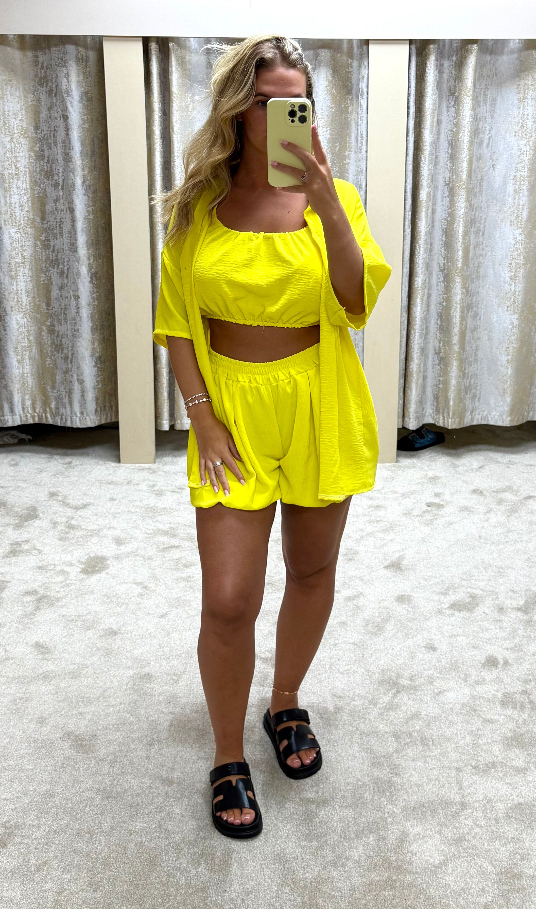 3 Piece Bubble Hem Elasticated Top, Shorts & Shirt Co Ord