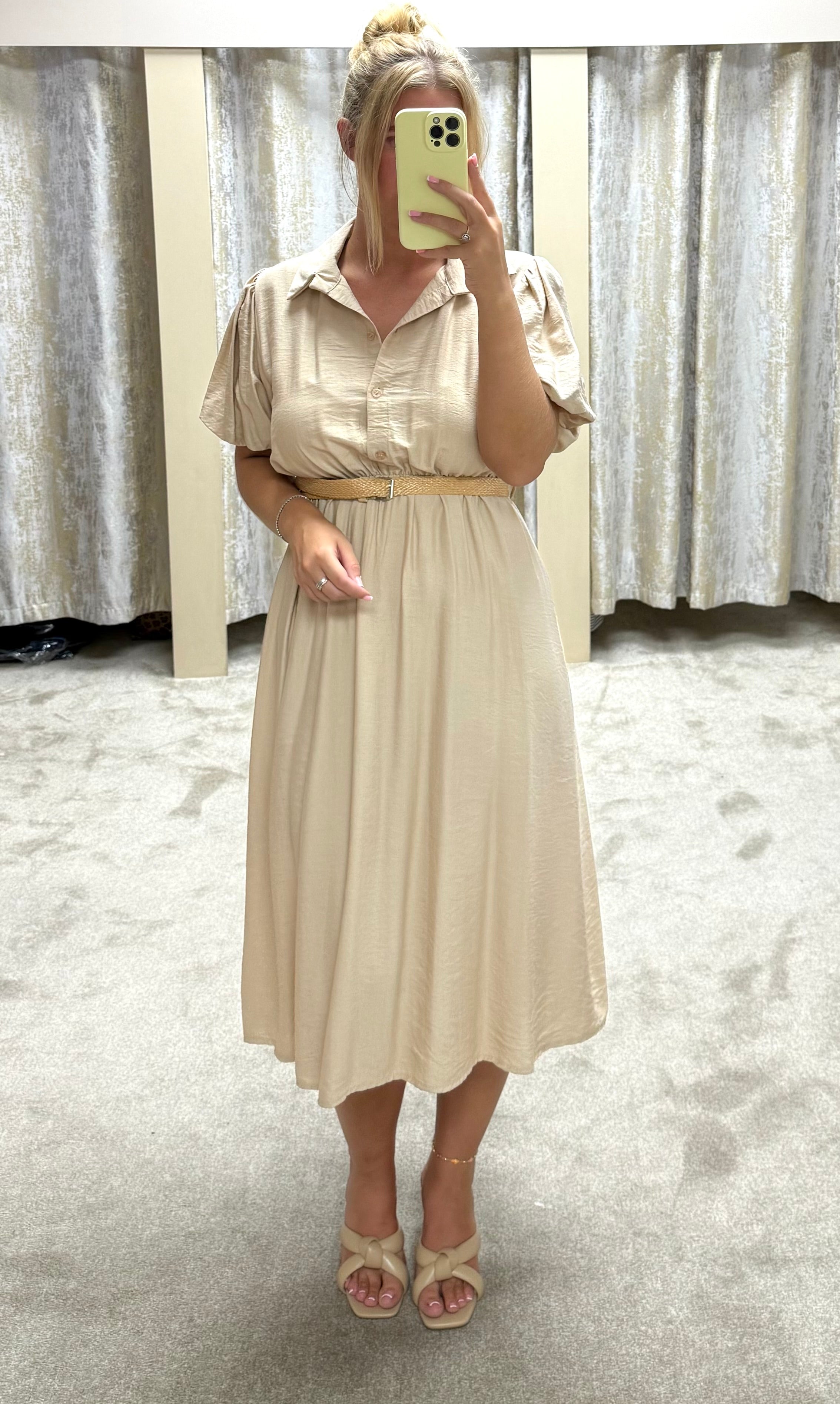 Puff Sleeve Elasticated Waist & Belt Detail Maxi Dress