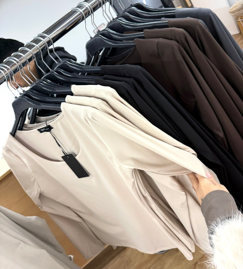 Double Layer Slinky Scoop Neck Long Sleeve Tops