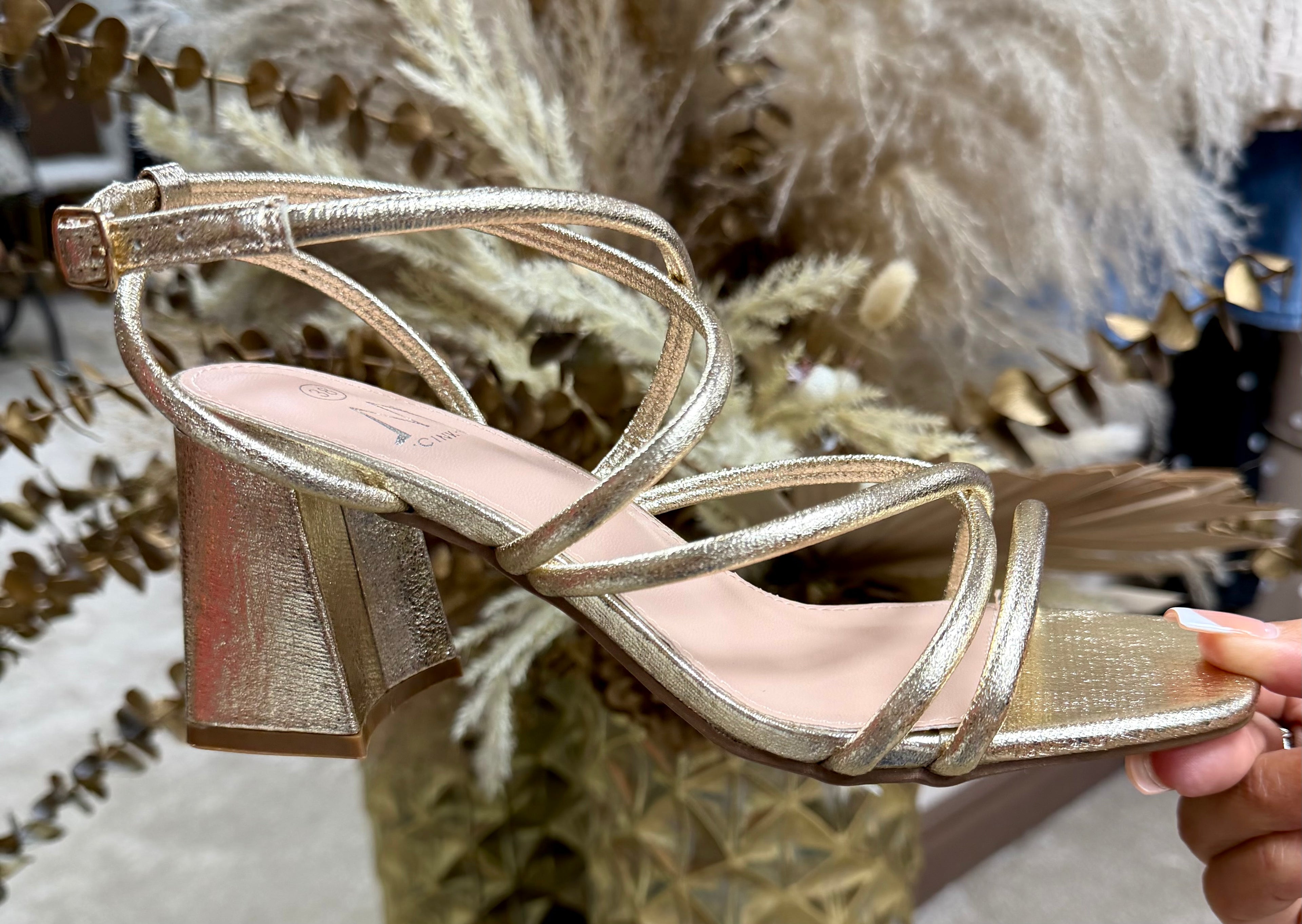 Strappy Comfy Block Heels - Metallic Gold