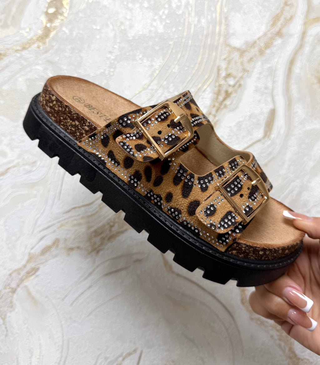 Diamanté Buckle Sliders - Leopard Print