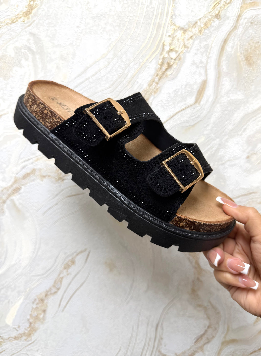 Diamanté Buckle Sliders - Black