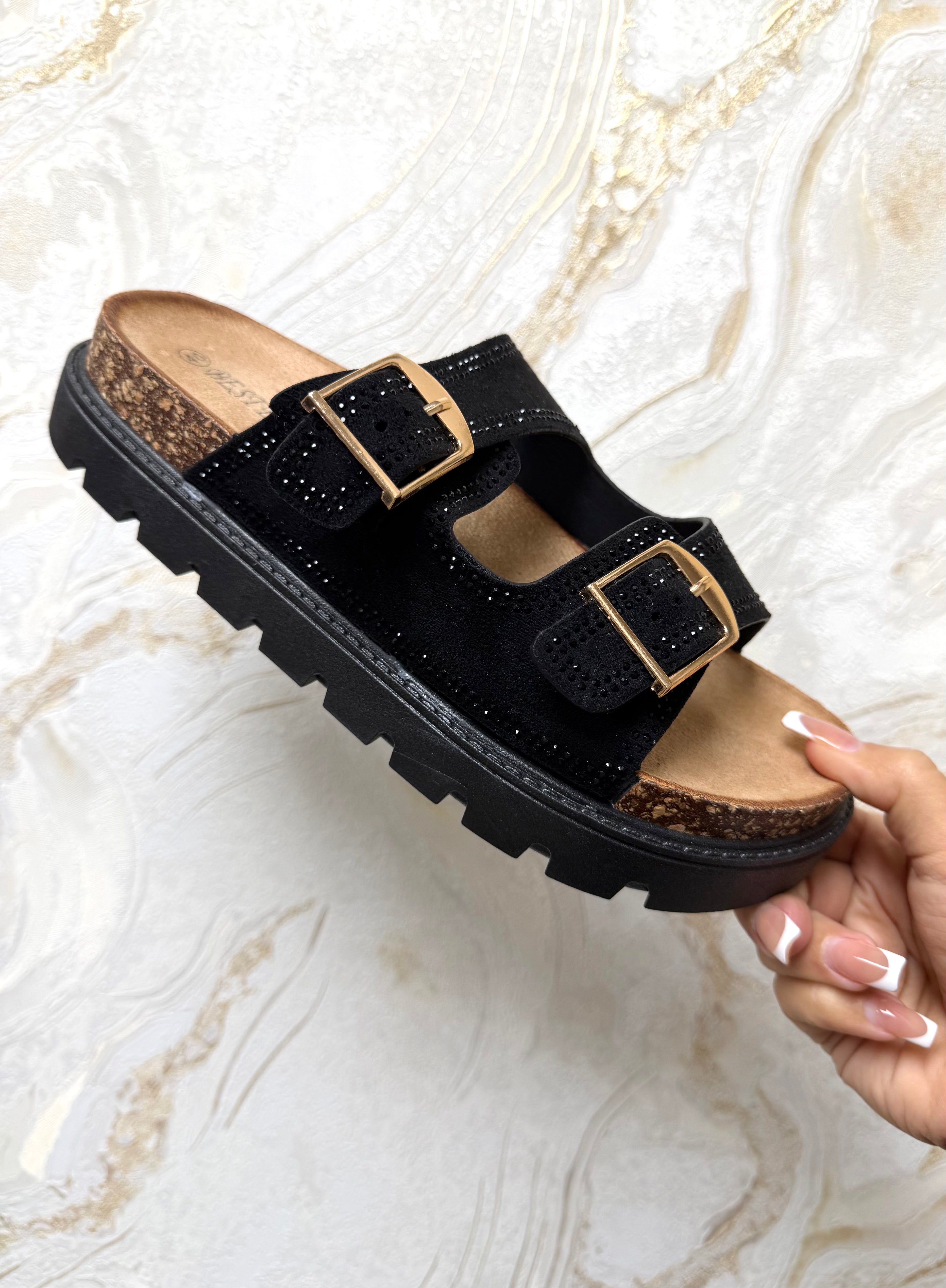 Diamanté Buckle Sliders - Black