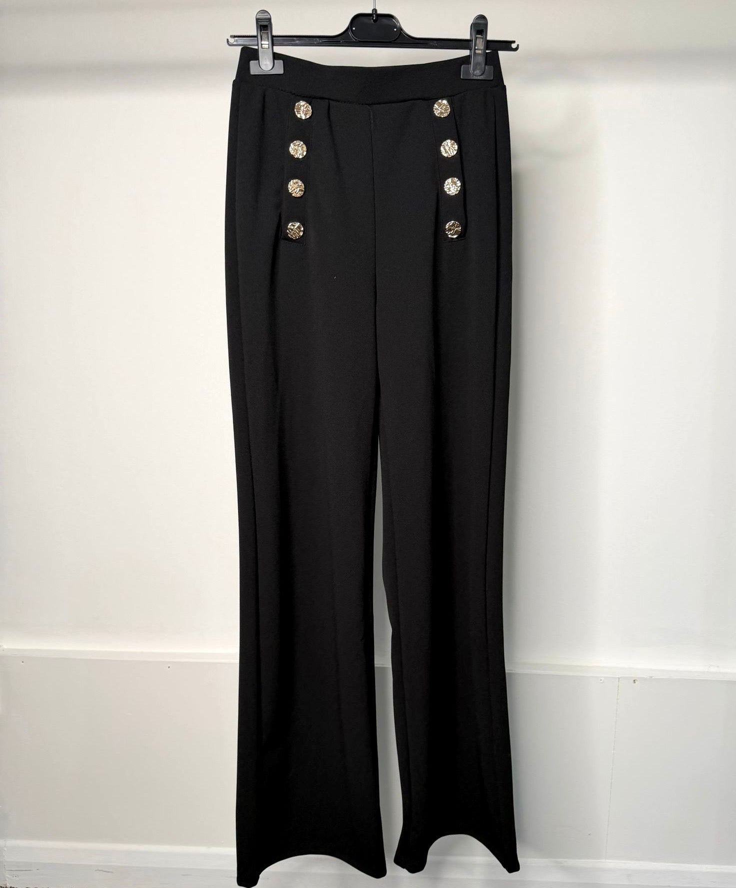Black Soft Formal Trousers With Gold Crinkle Button Detail