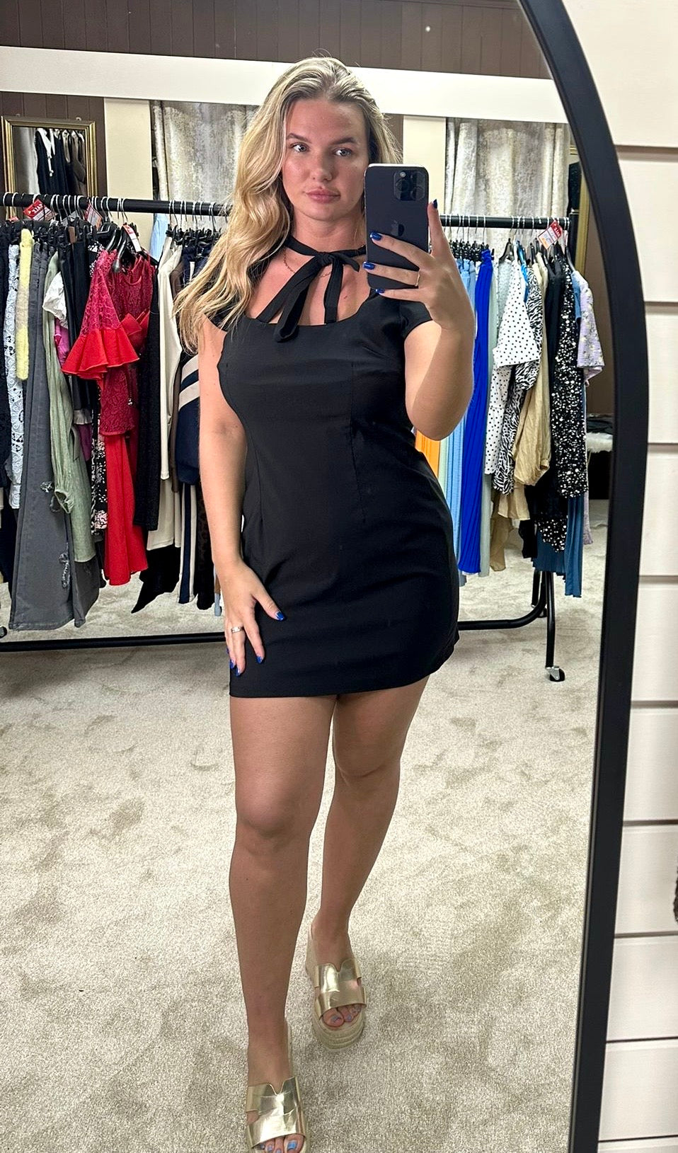 Square Neckline Tie Detail Stretchy Dress