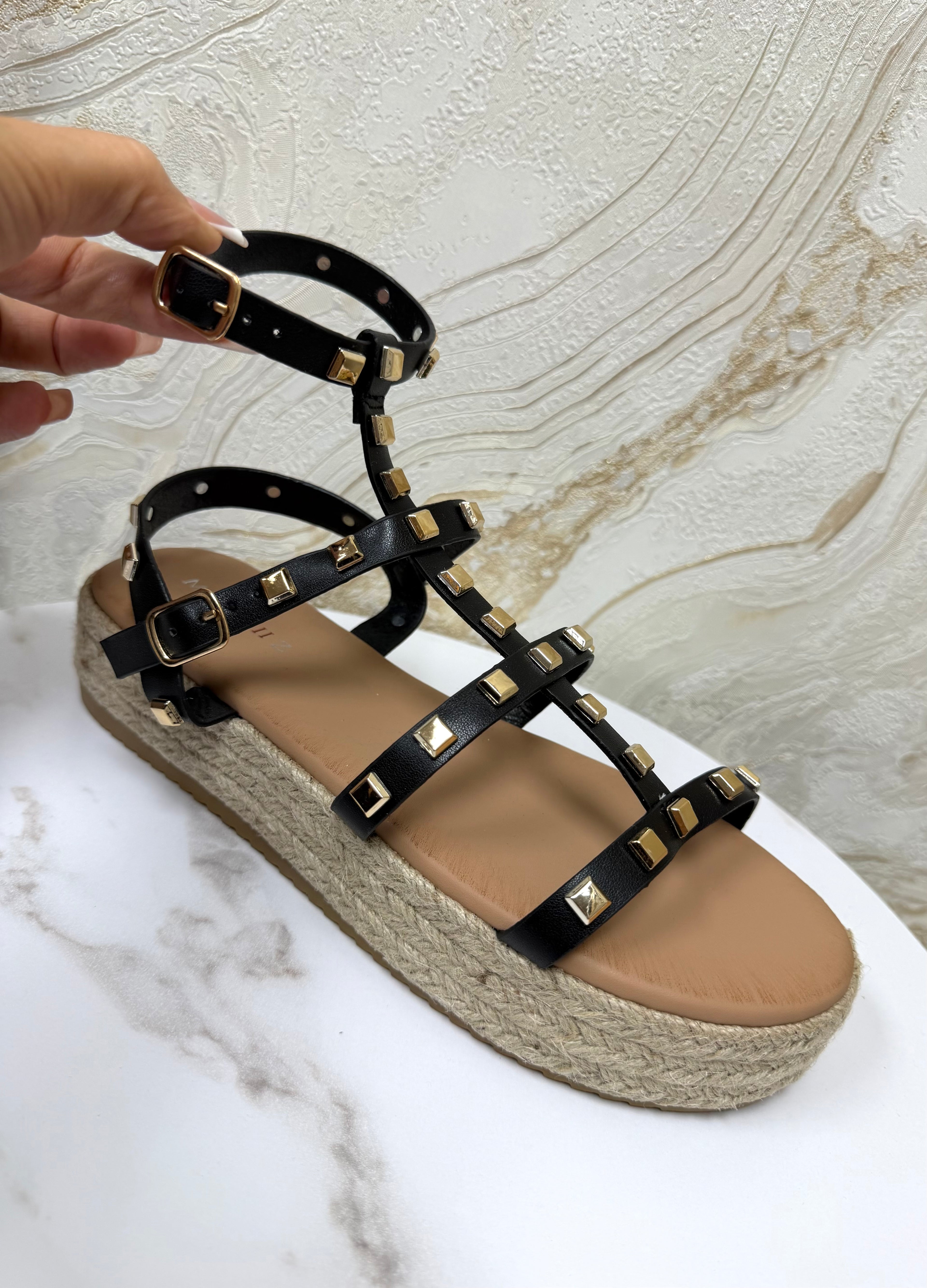 Valentino Inspired Black & Gold Stud Espadrille Sandals