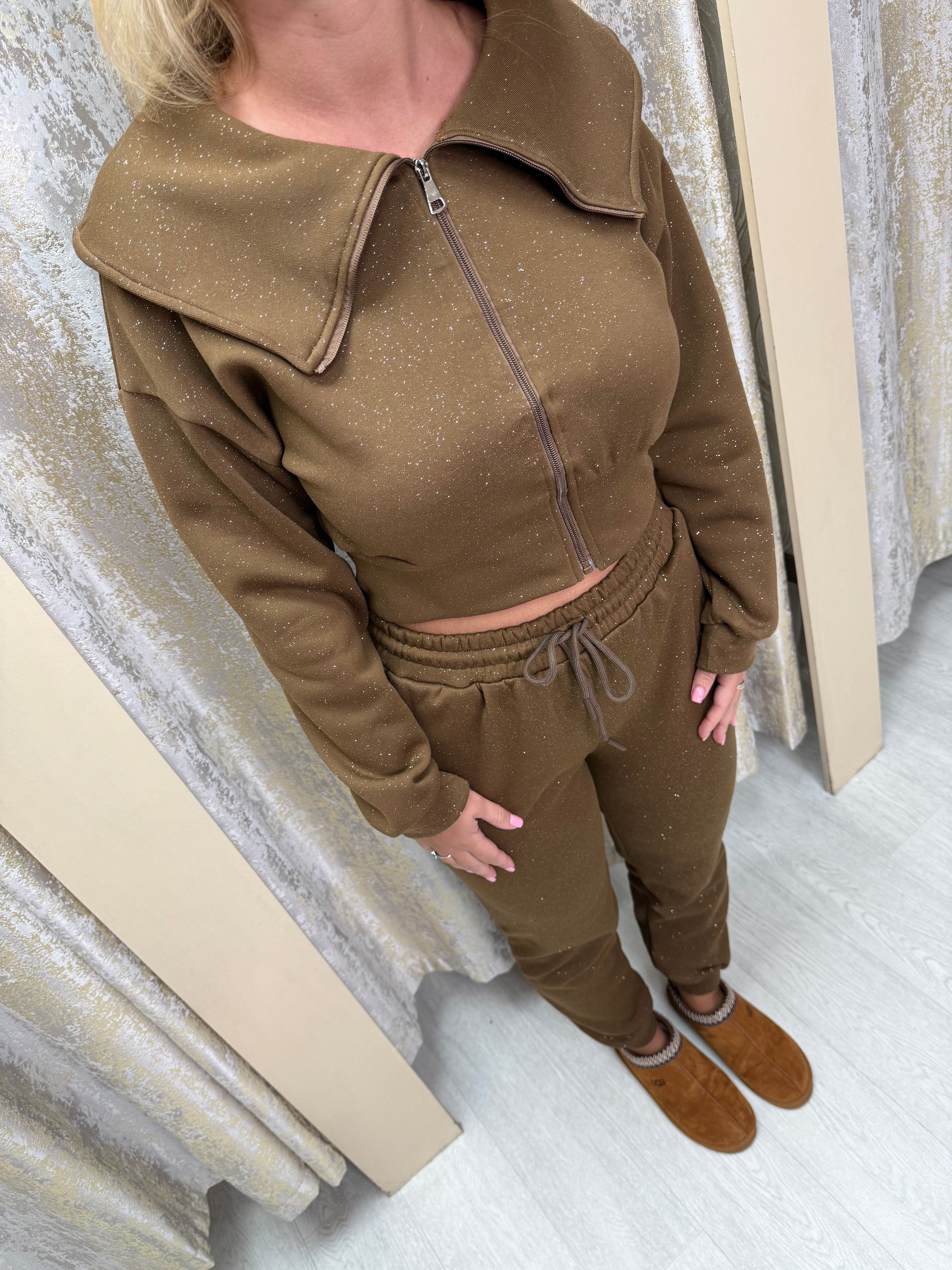Cinched Waist & Oversized Collar Fine Glitter Cuffed Tracksuit - Caramel