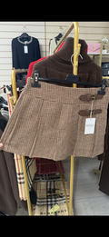 Brown Tweed Pleated Skirt with Brown Leather Buckle Detail