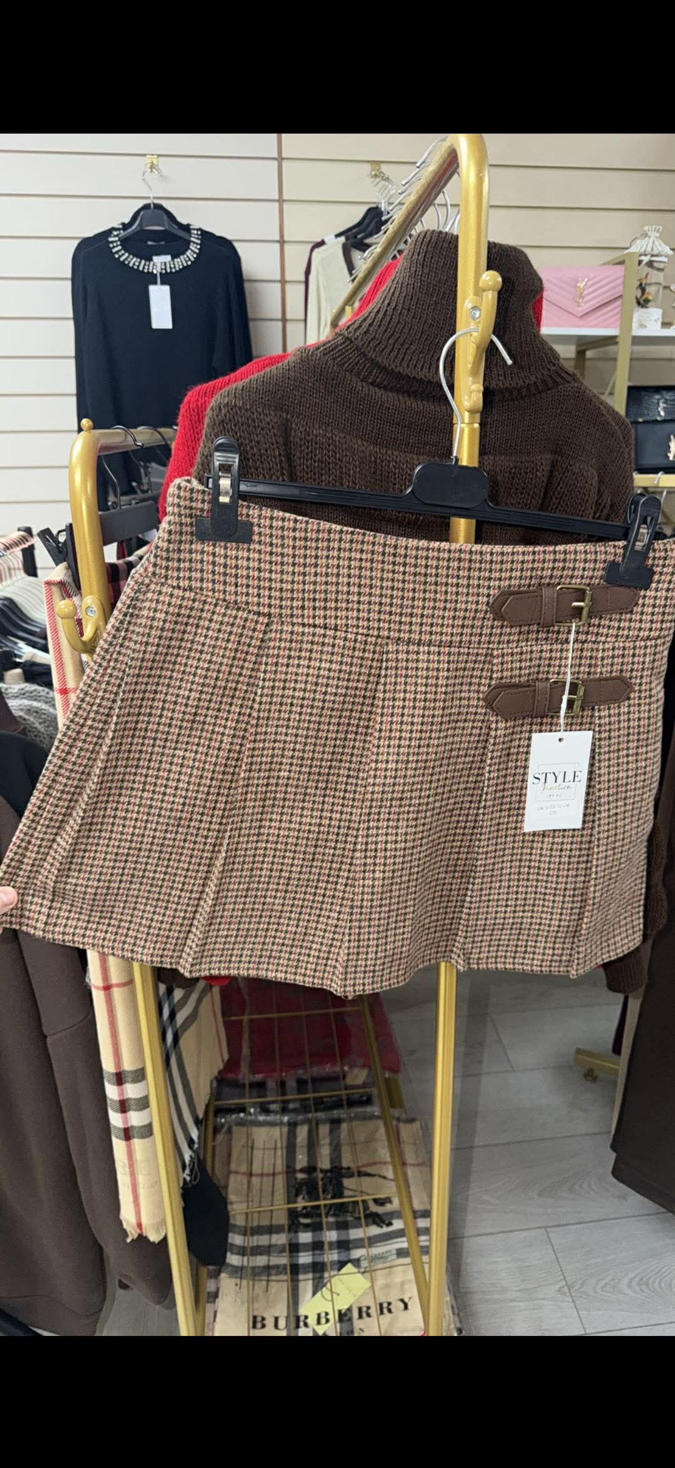 Brown Tweed Pleated Skirt with Brown Leather Buckle Detail