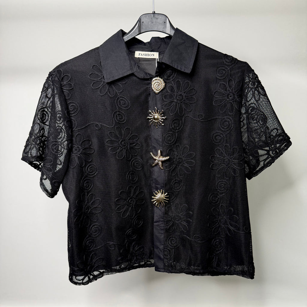Flower Embroidered Mesh Shirt with Gold Summer Vibe Button Detail