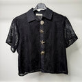 Flower Embroidered Mesh Shirt with Gold Summer Vibe Button Detail