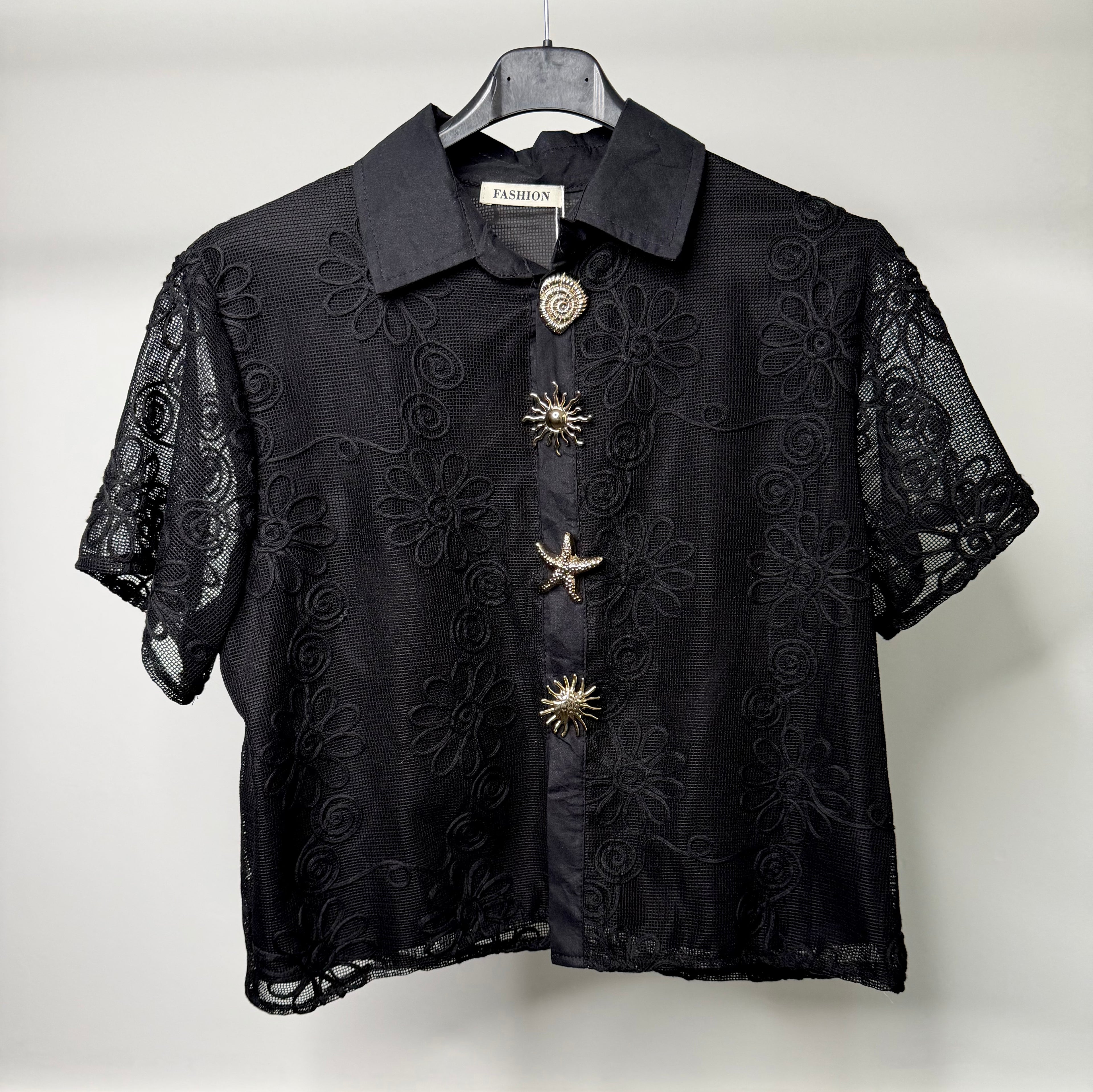 Flower Embroidered Mesh Shirt with Gold Summer Vibe Button Detail