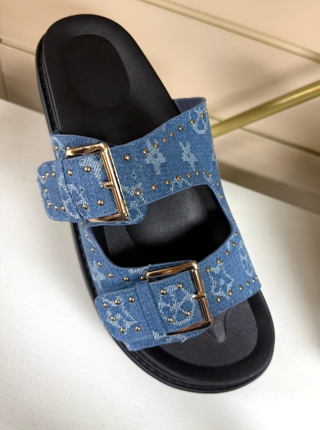 LV Denim Inspired Gold Buckle Detail Sliders