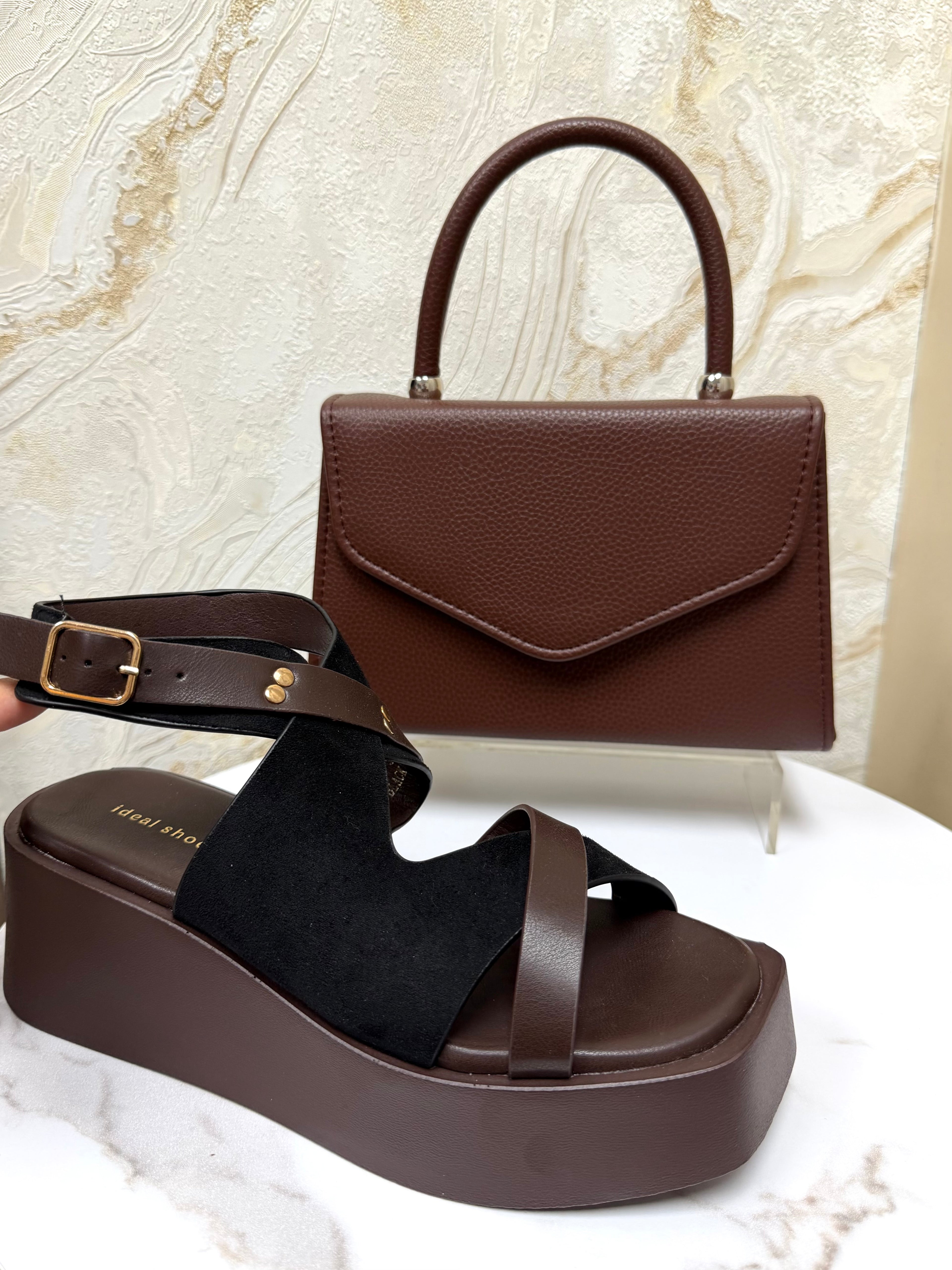 Faux Suede Strappy Flatform Wedge Sandals - Black & Brown
