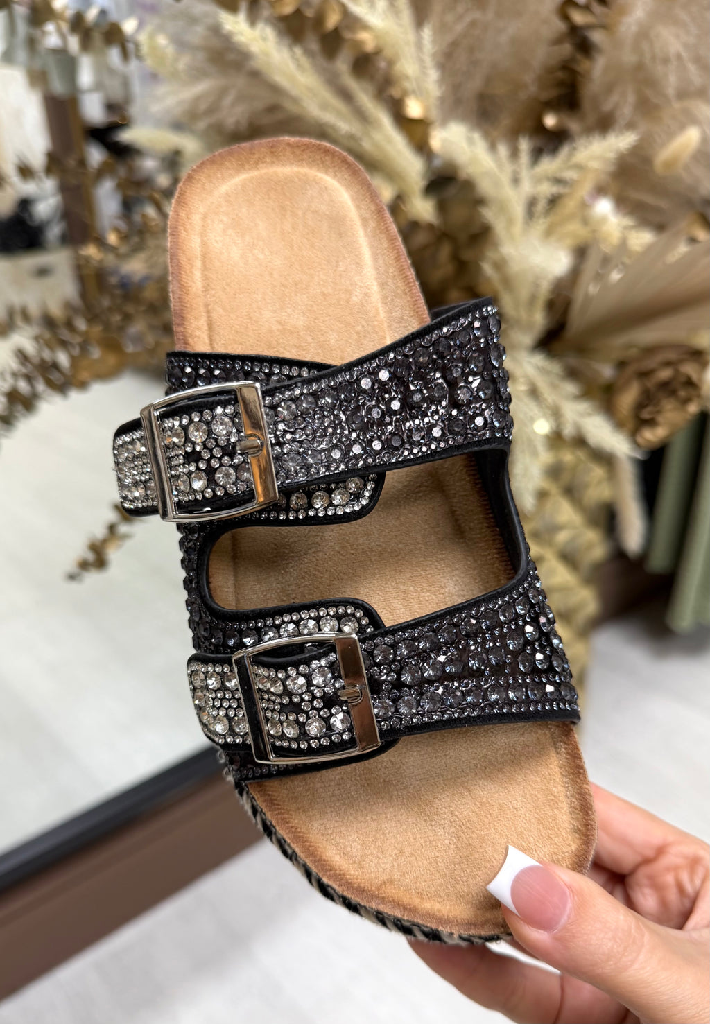 Diamanté Adjustable Buckle Platform Sliders- Black