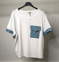 White T-Shirt With Denim Pocket & Silver Sequin Sleeve Trim Detail