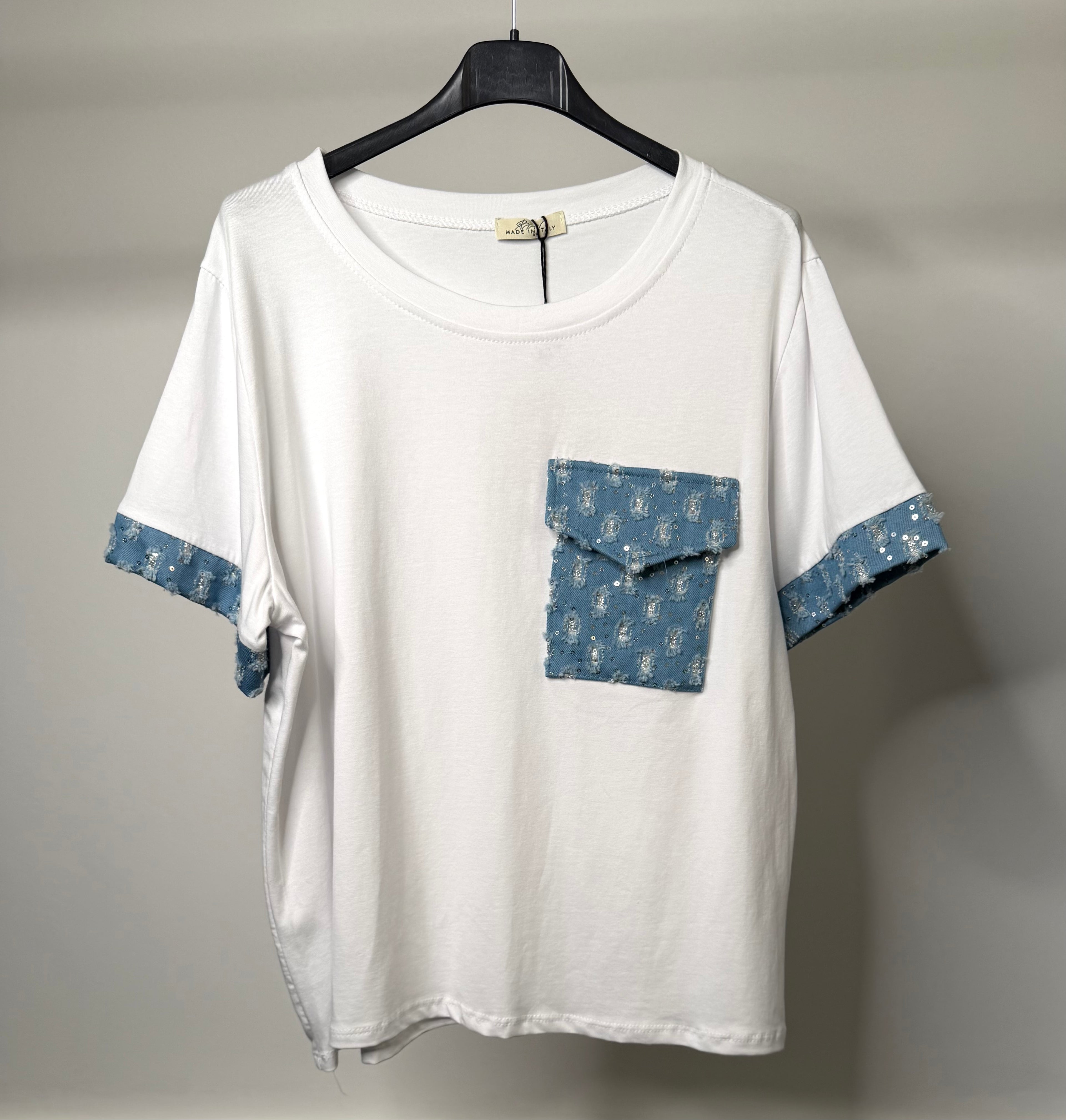 White T-Shirt With Denim Pocket & Silver Sequin Sleeve Trim Detail