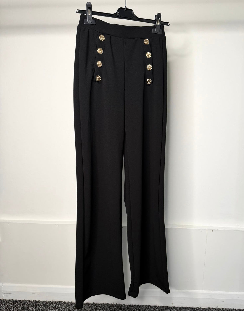 Black Soft Formal Trousers With Gold Crinkle Button Detail
