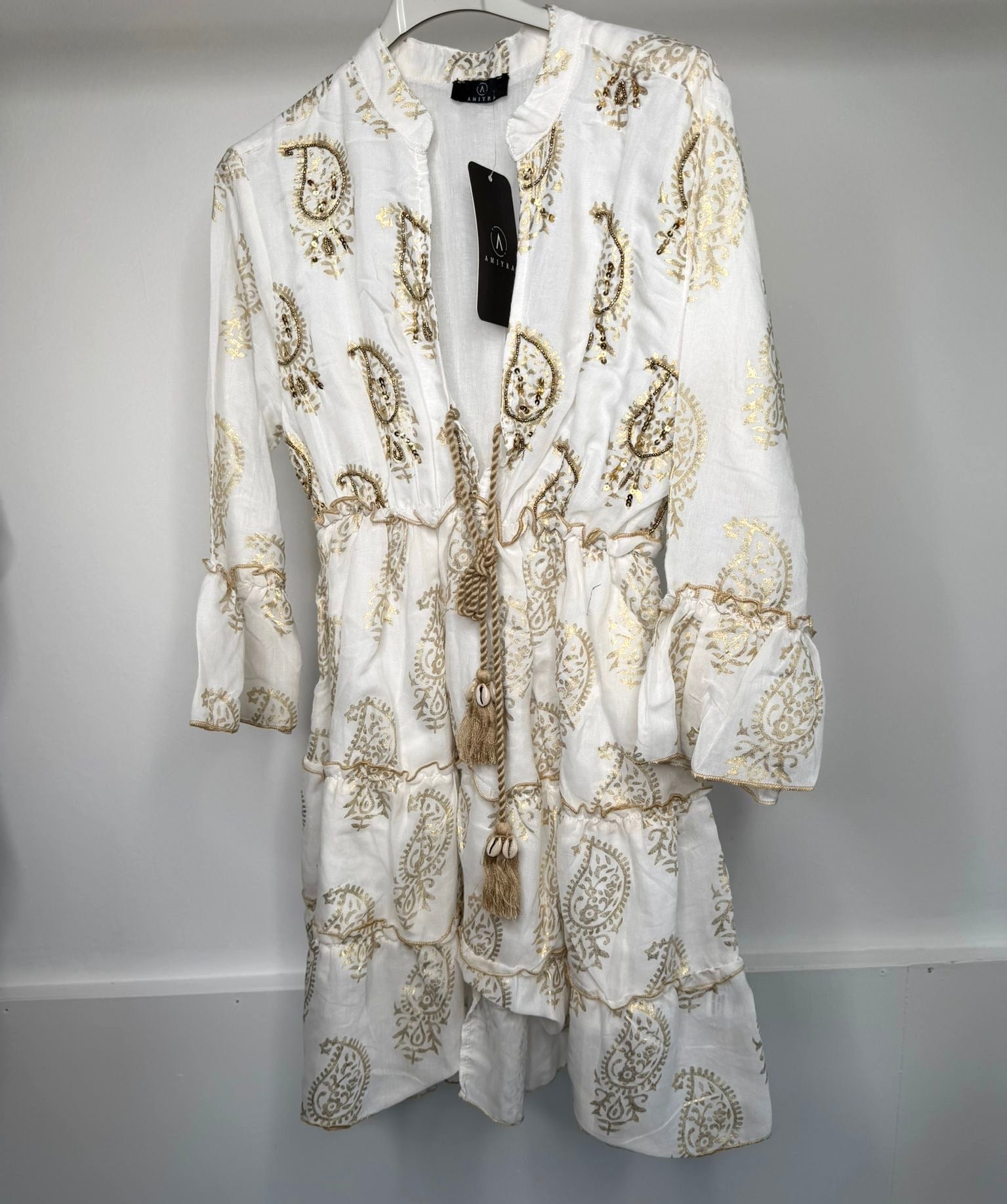 Gold Embellished Shell Tassel Detail Bohemian V Neck Dress