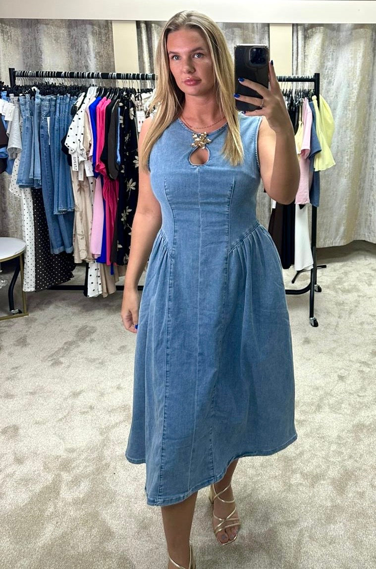 Denim Dropped Waist Midi Dress With Gold Flower Detail